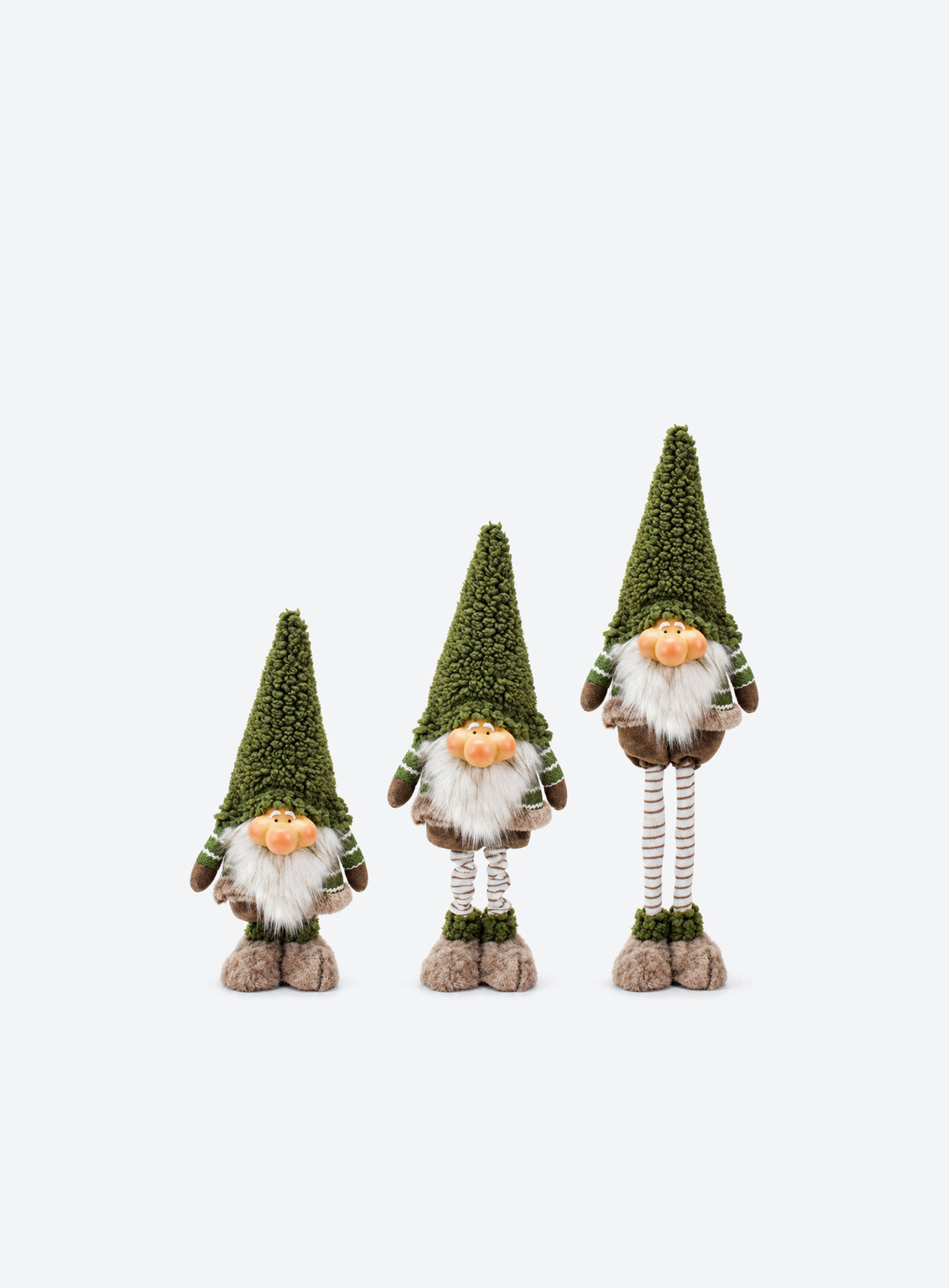 Green and brown fabric Christmas floor decoration with extendable striped legs, available in Reindeer or Gnome designs. (Gnome)