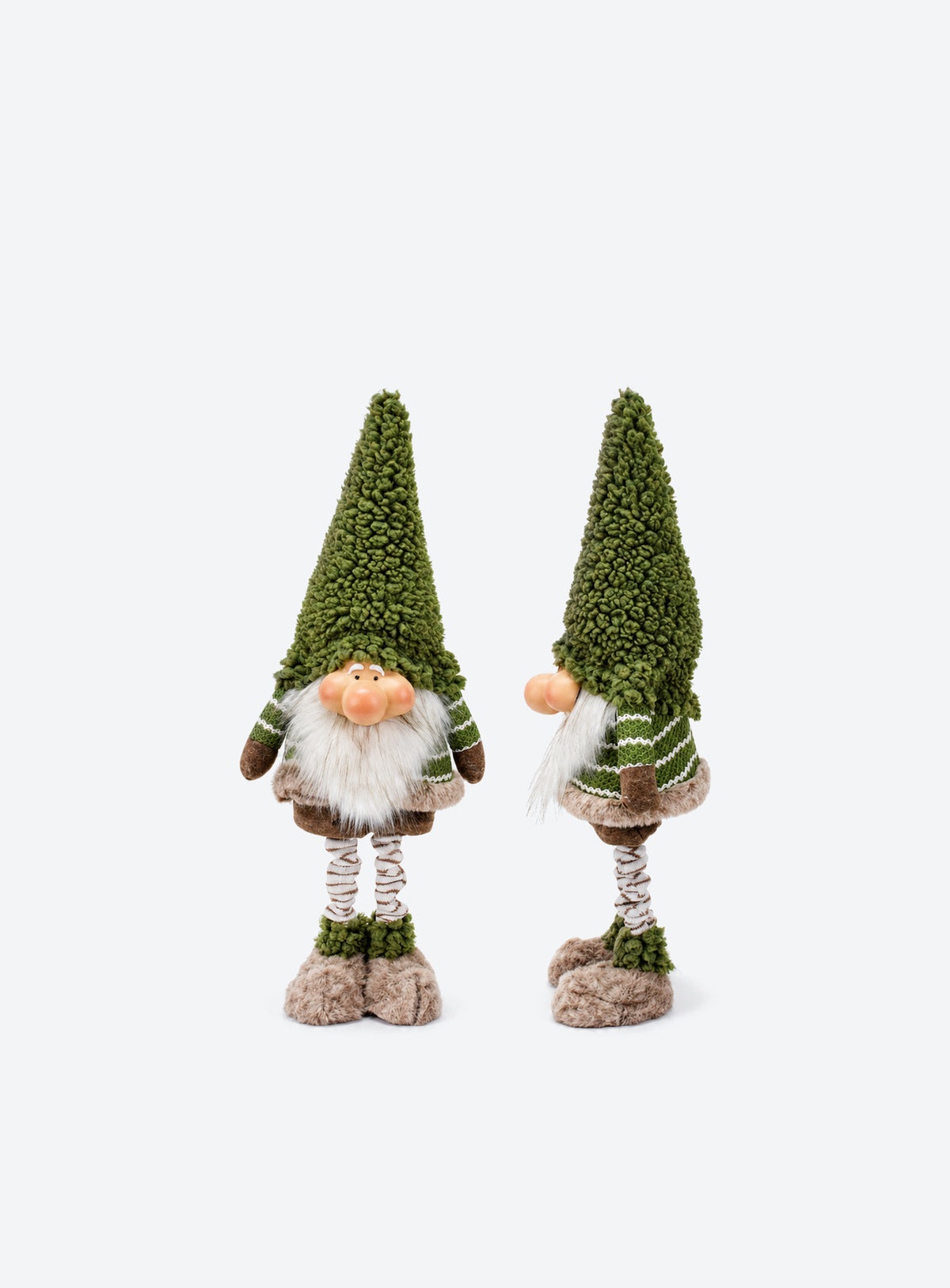 Green and brown fabric Christmas floor decoration with extendable striped legs, available in Reindeer or Gnome designs. (Gnome)