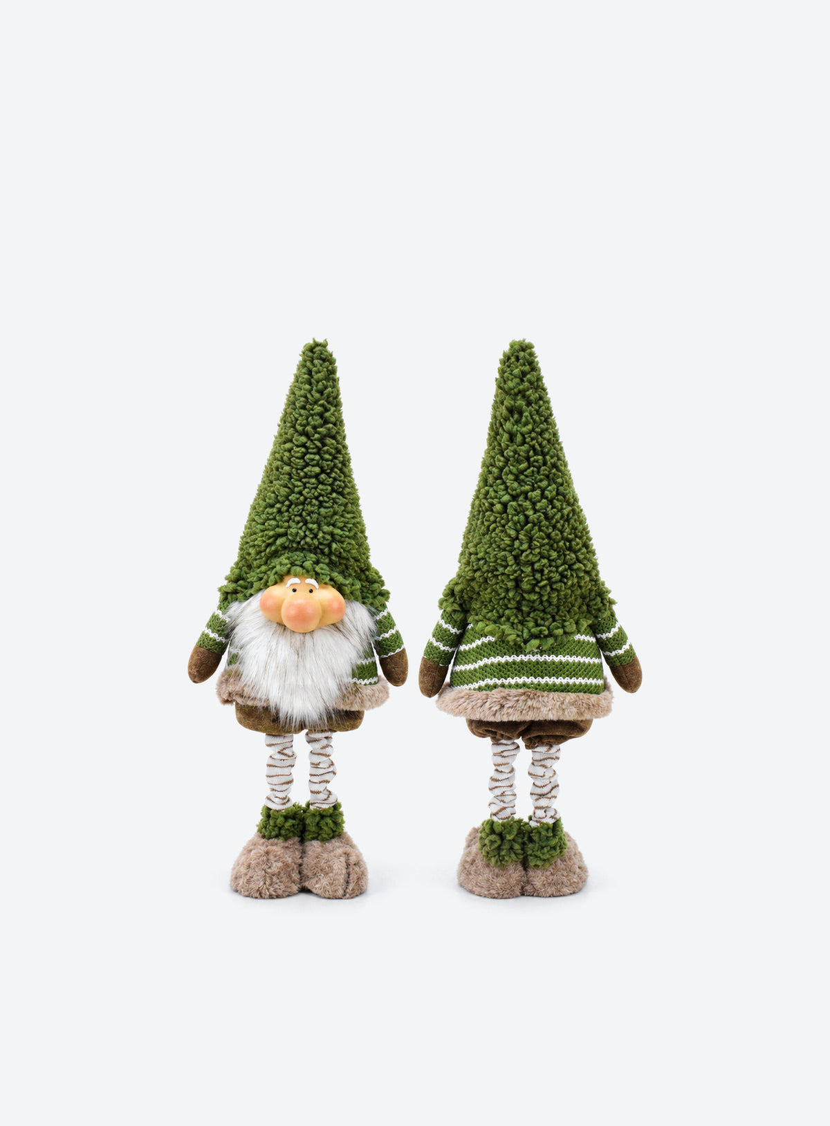 Green and brown fabric Christmas floor decoration with extendable striped legs, available in Reindeer or Gnome designs. (Gnome)