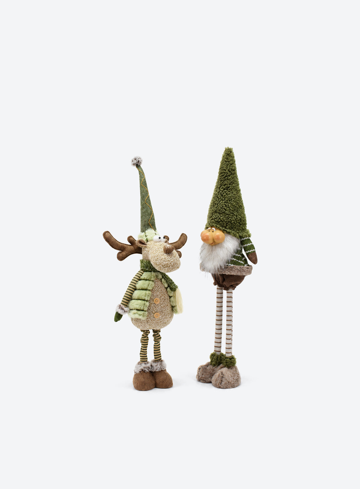 Green and brown fabric Christmas floor decoration with extendable striped legs, available in Reindeer or Gnome designs.