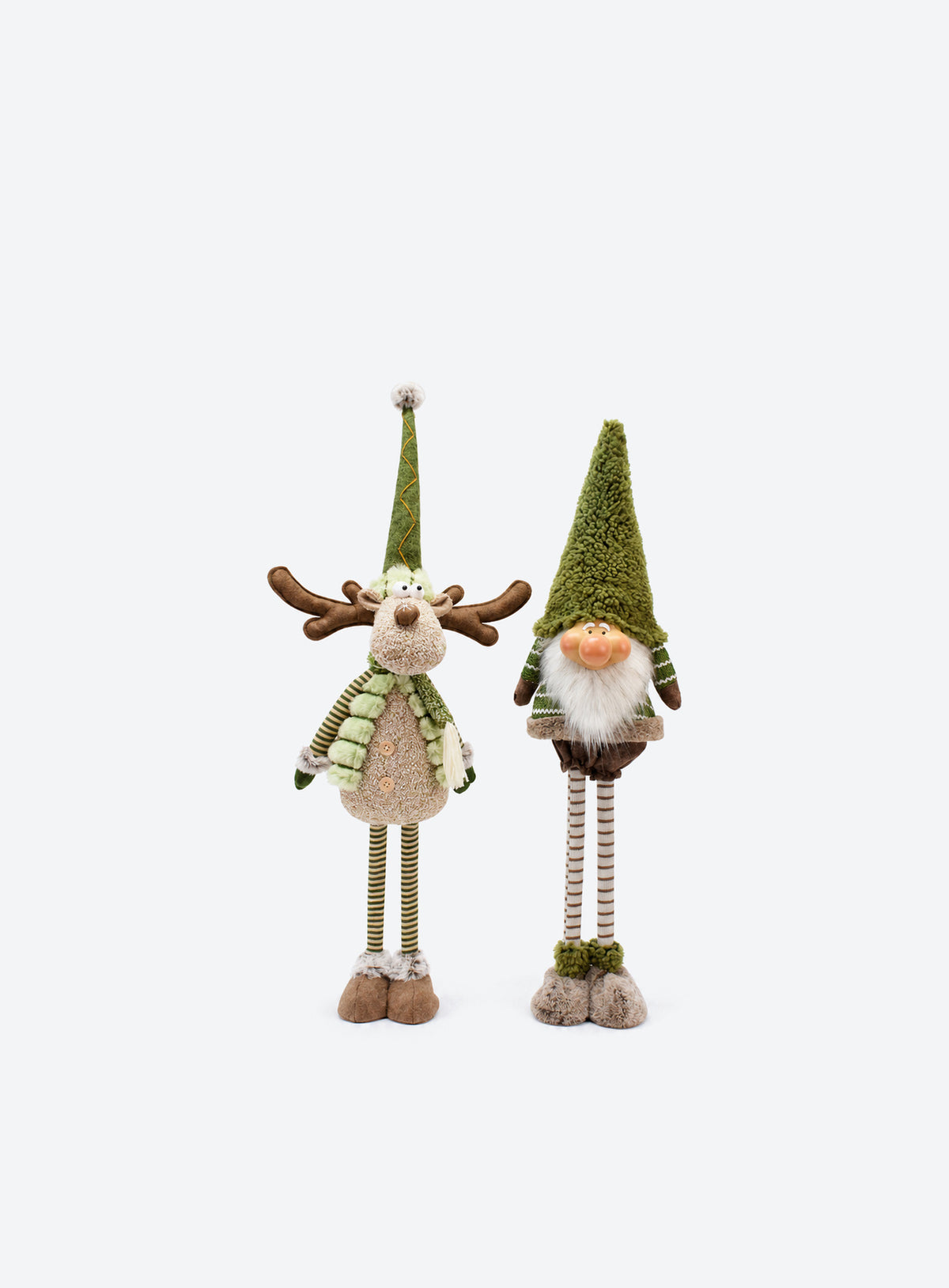 Green and brown fabric Christmas floor decoration with extendable striped legs, available in Reindeer or Gnome designs.