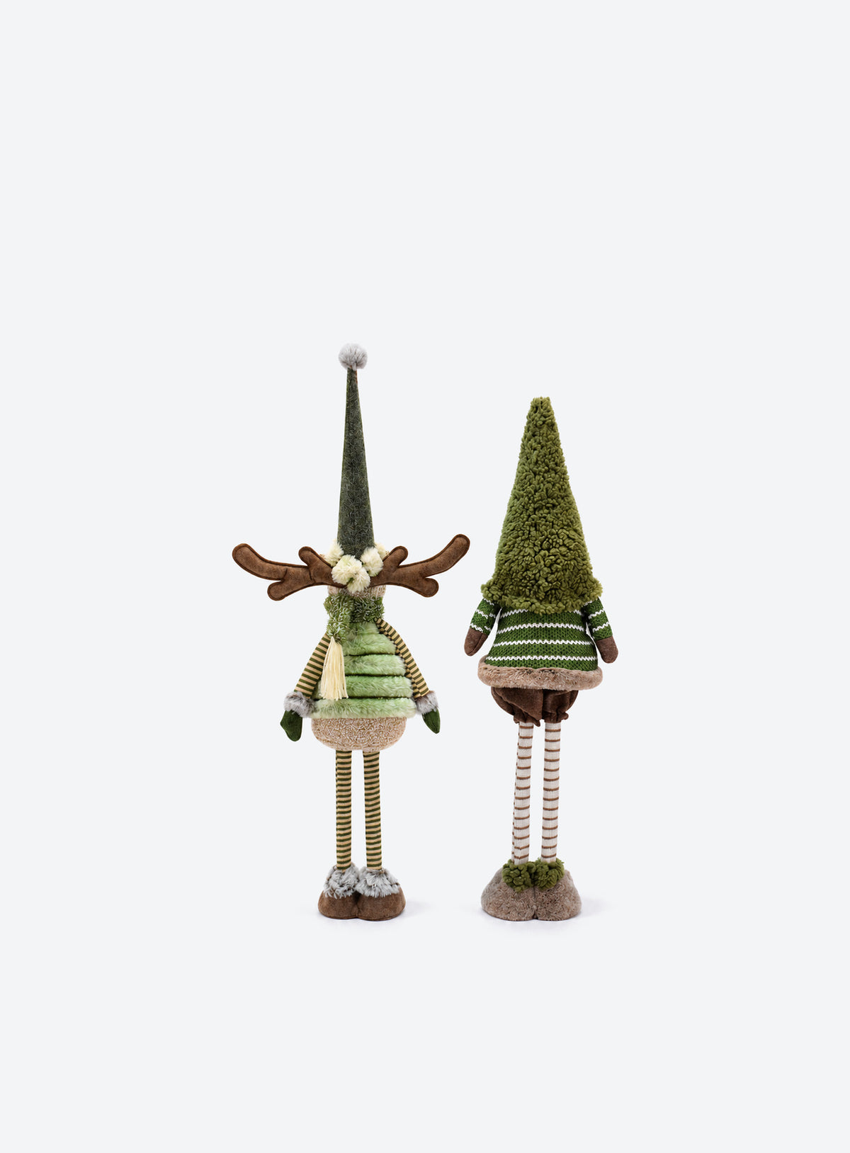 Green and brown fabric Christmas floor decoration with extendable striped legs, available in Reindeer or Gnome designs.