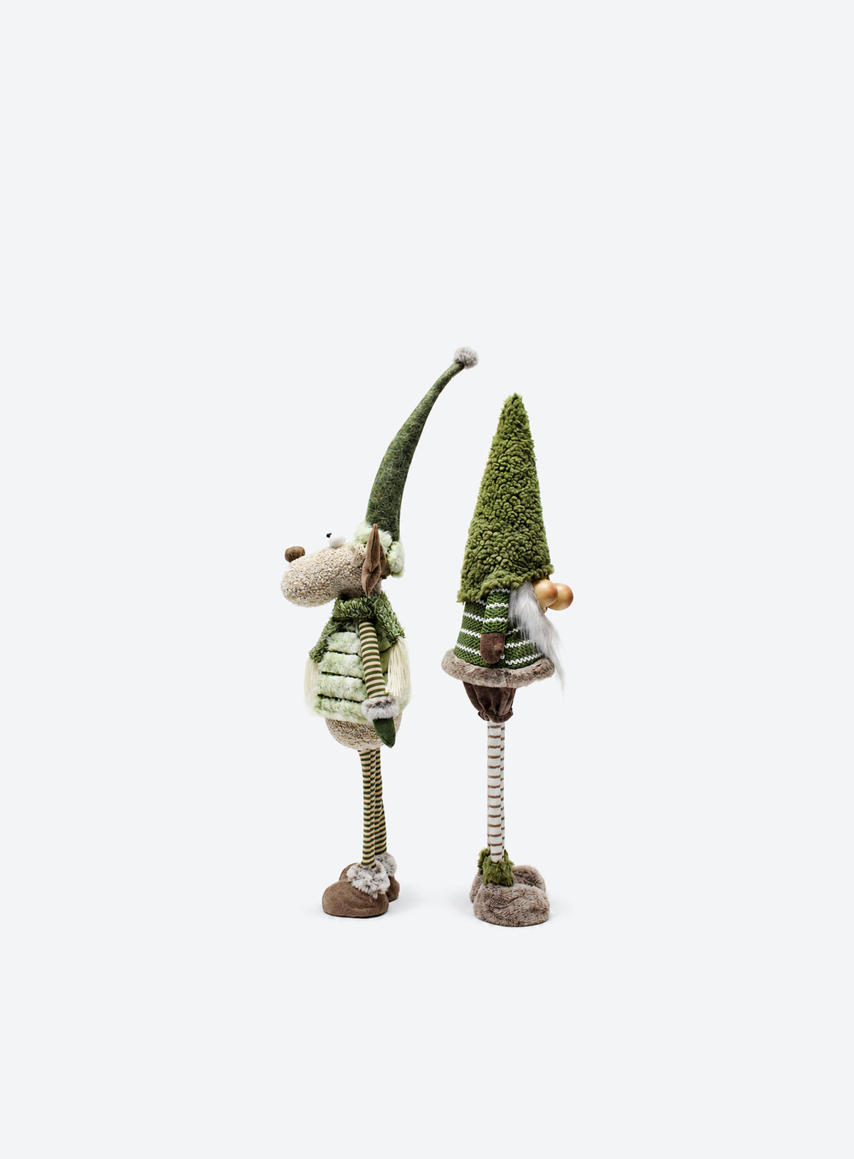 Green and brown fabric Christmas floor decoration with extendable striped legs, available in Reindeer or Gnome designs.