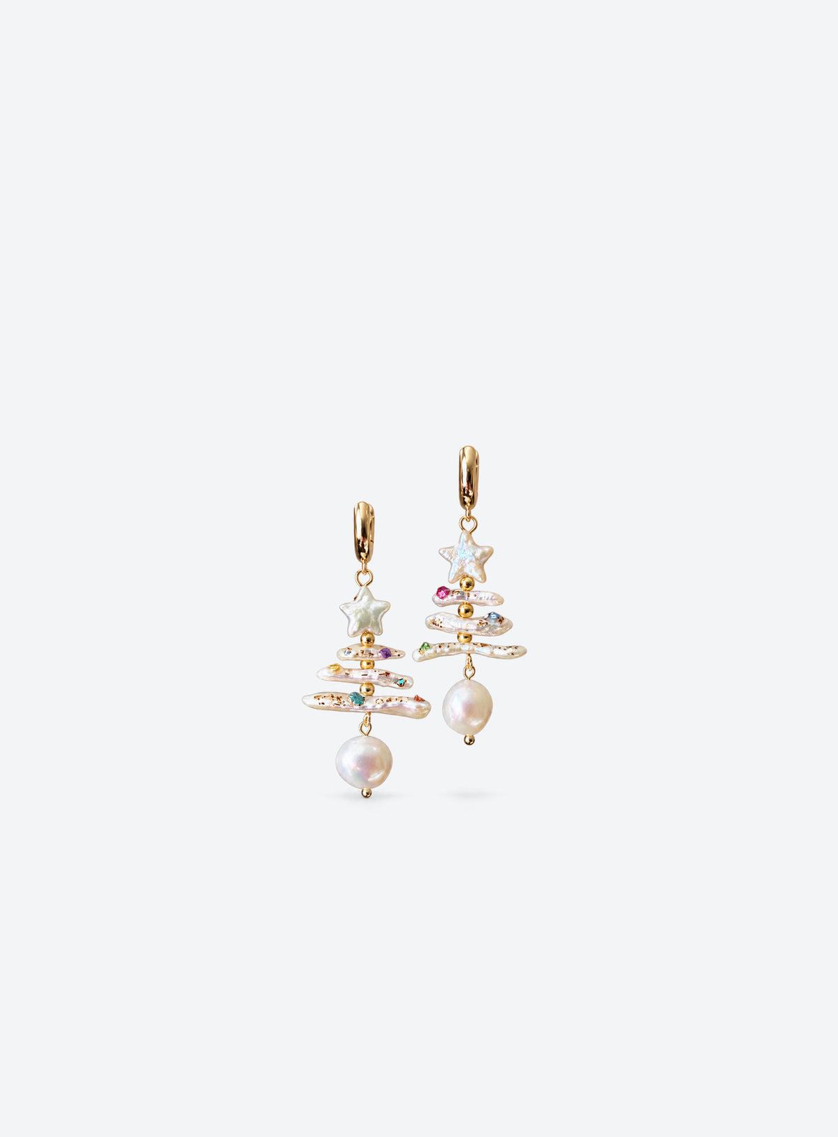 Pearl Christmas tree earrings with star tops, multicolored accents, gold-tone hoops and teardrop pearls