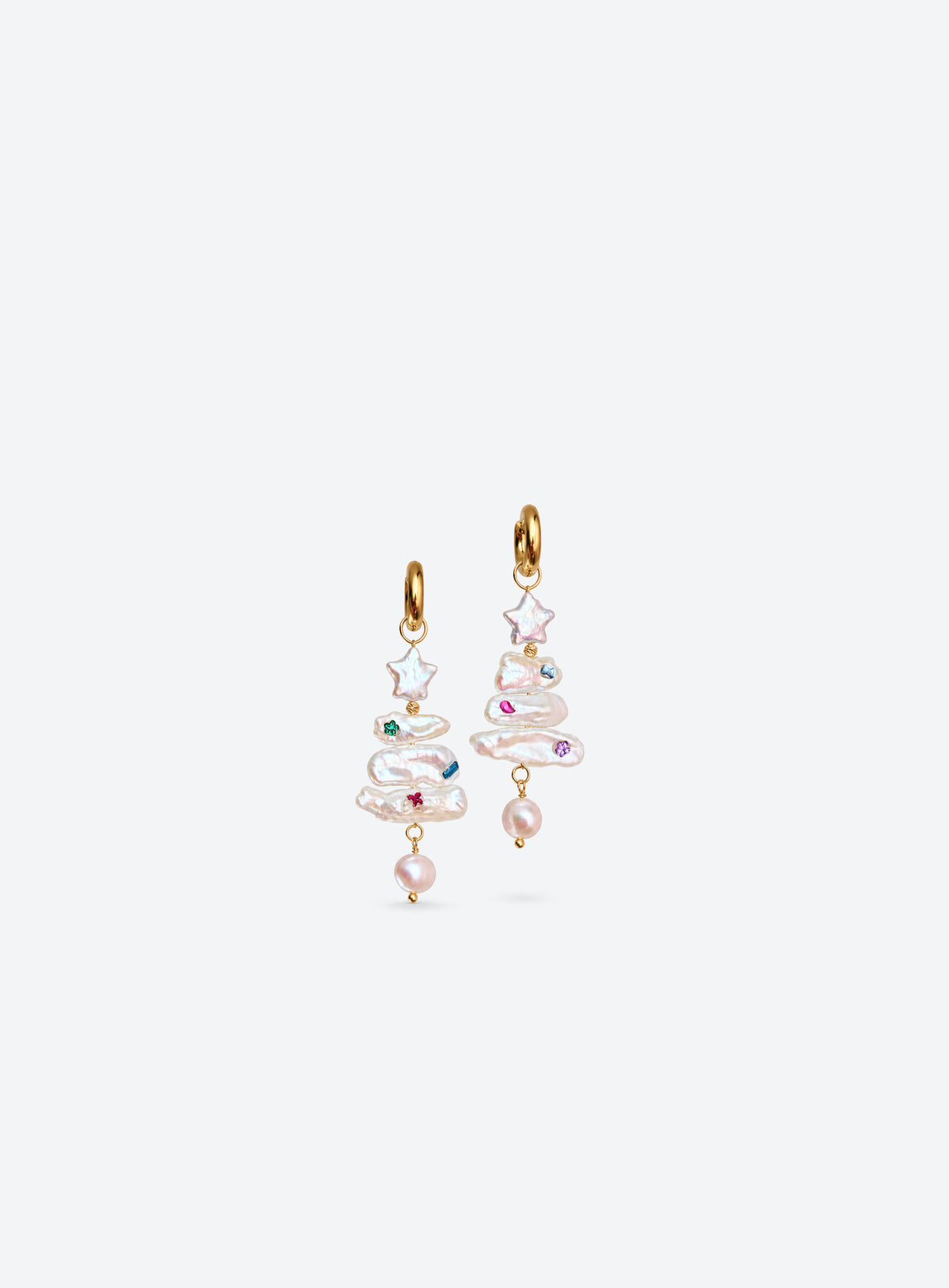 Pearl Christmas tree earrings with star tops, multicolored accents, gold-tone hoops and teardrop pearls