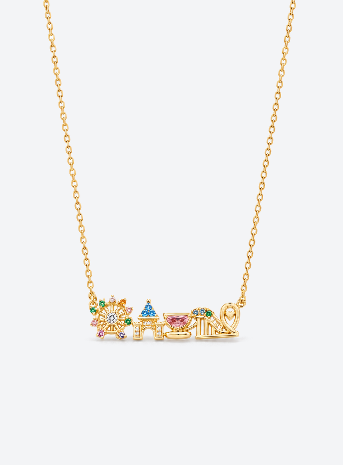 Castle skyline pendant necklace with multicolored zircon accents on a delicate chain