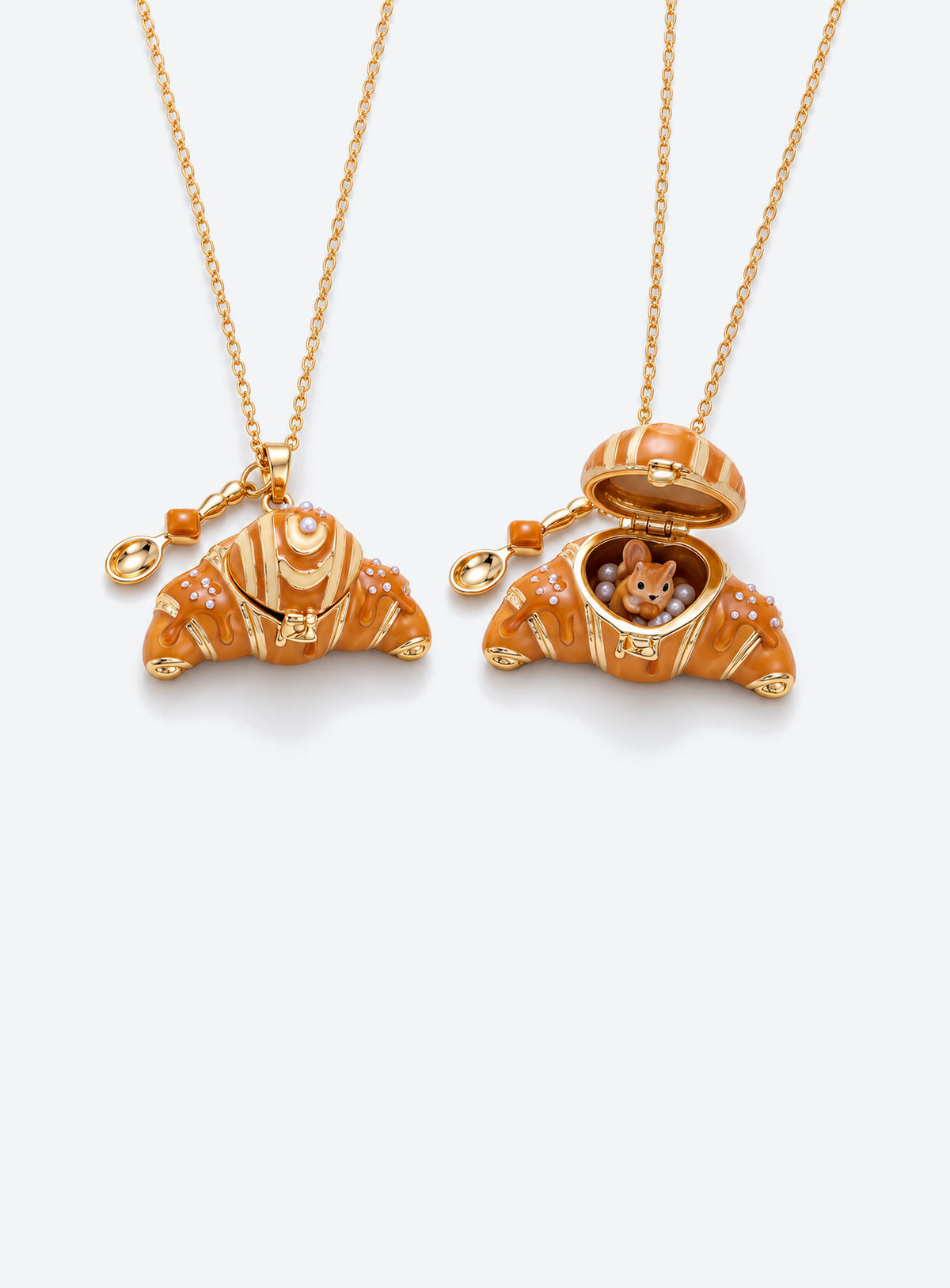 Croissant-shaped enamel locket necklace with an animal figurine inside, a fine chain, and a small cutlery charm (Squirrel)