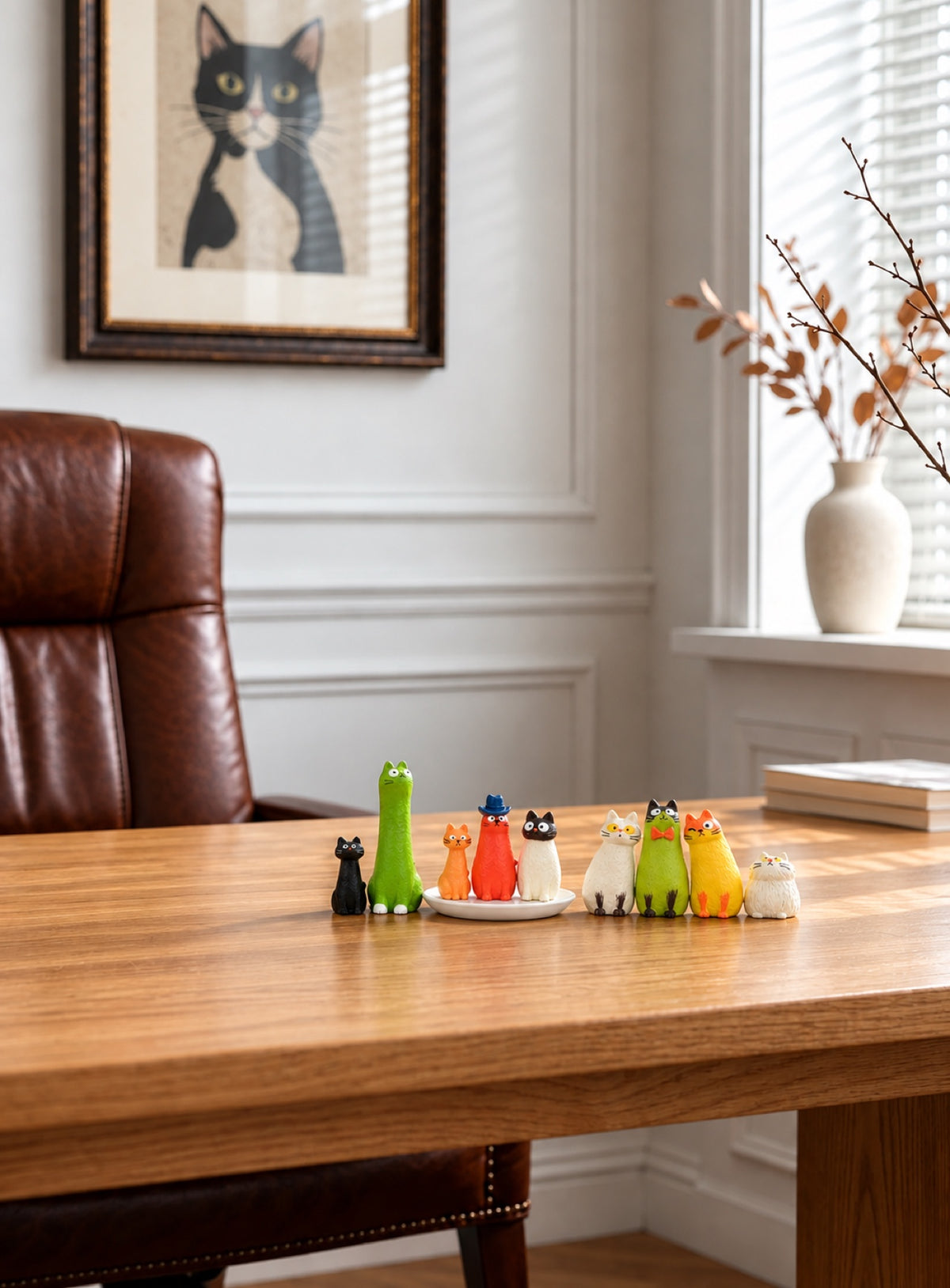 Crooked cat figurines from a nine-piece desk display set