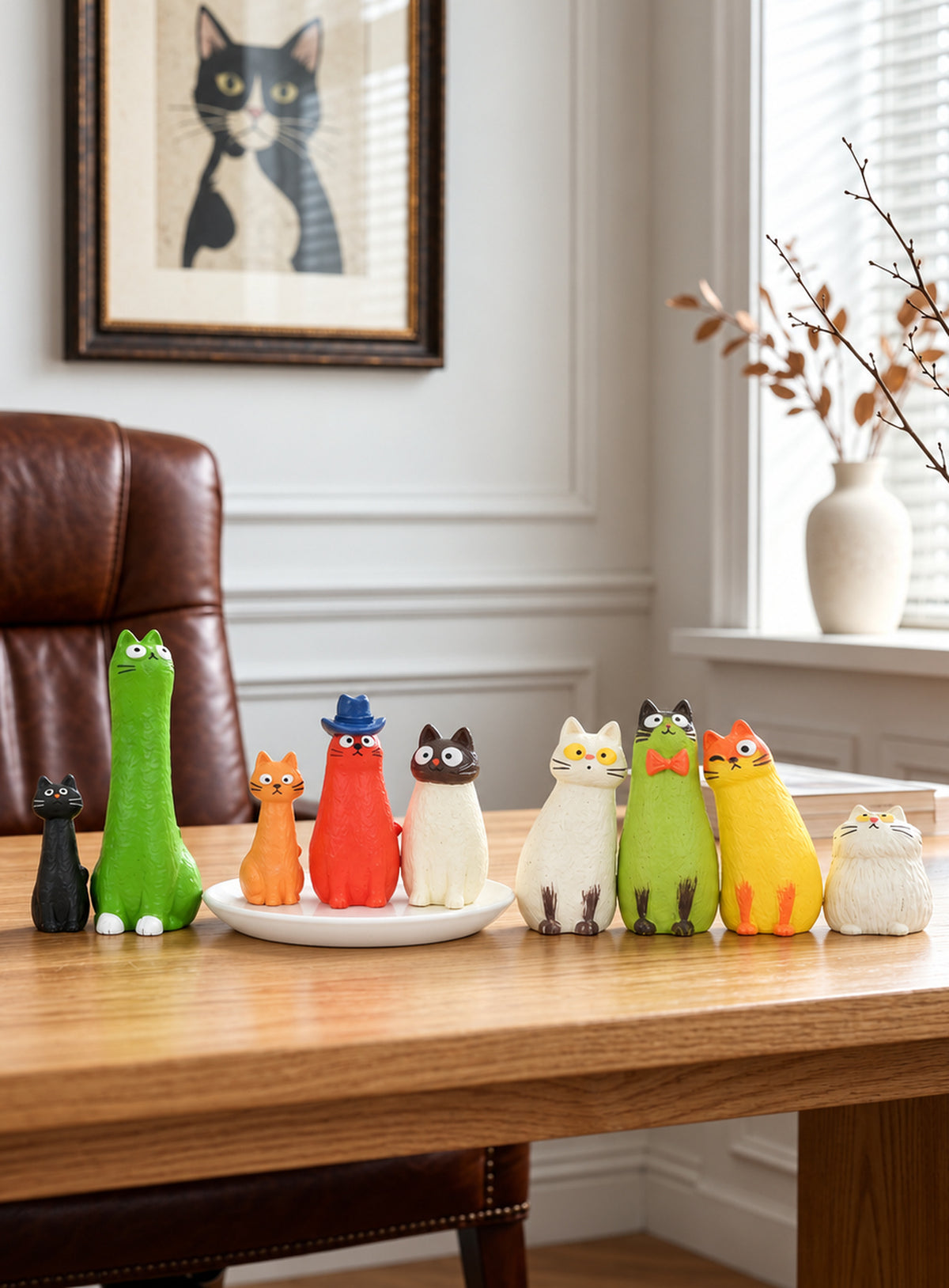 Crooked cat figurines from a nine-piece desk display set