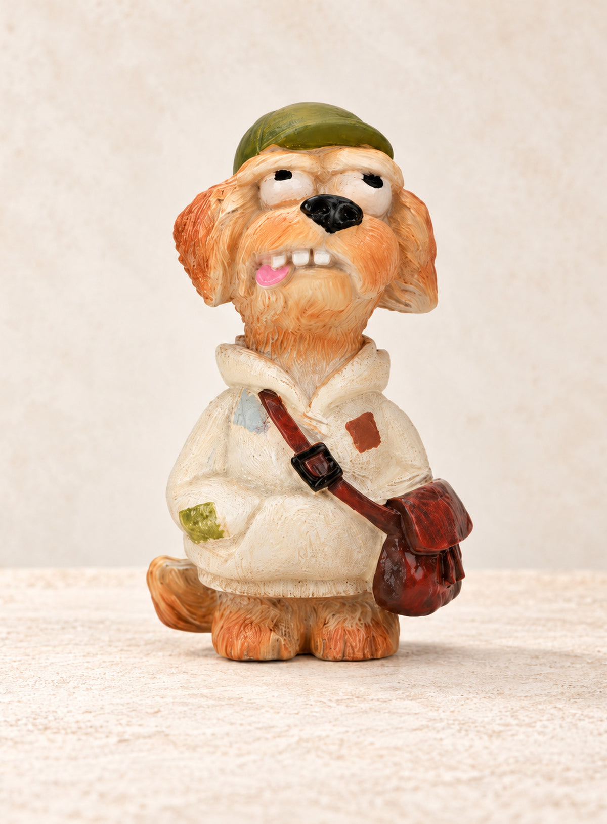 Hand-painted resin dog figurines with colorful outfits and distinctive details. (Biscuit)