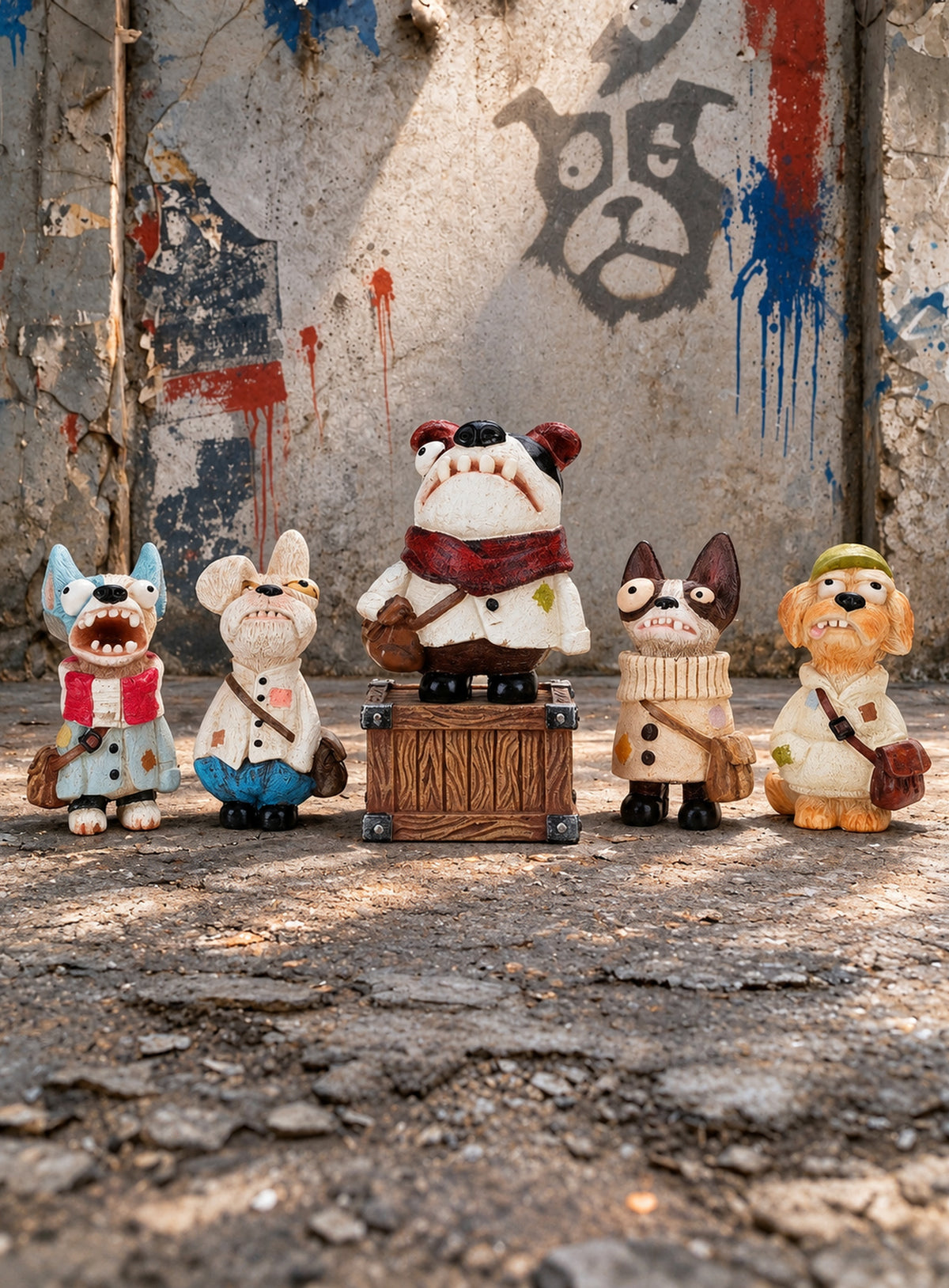 Hand-painted resin dog figurines with colorful outfits and distinctive details. (Full Set)