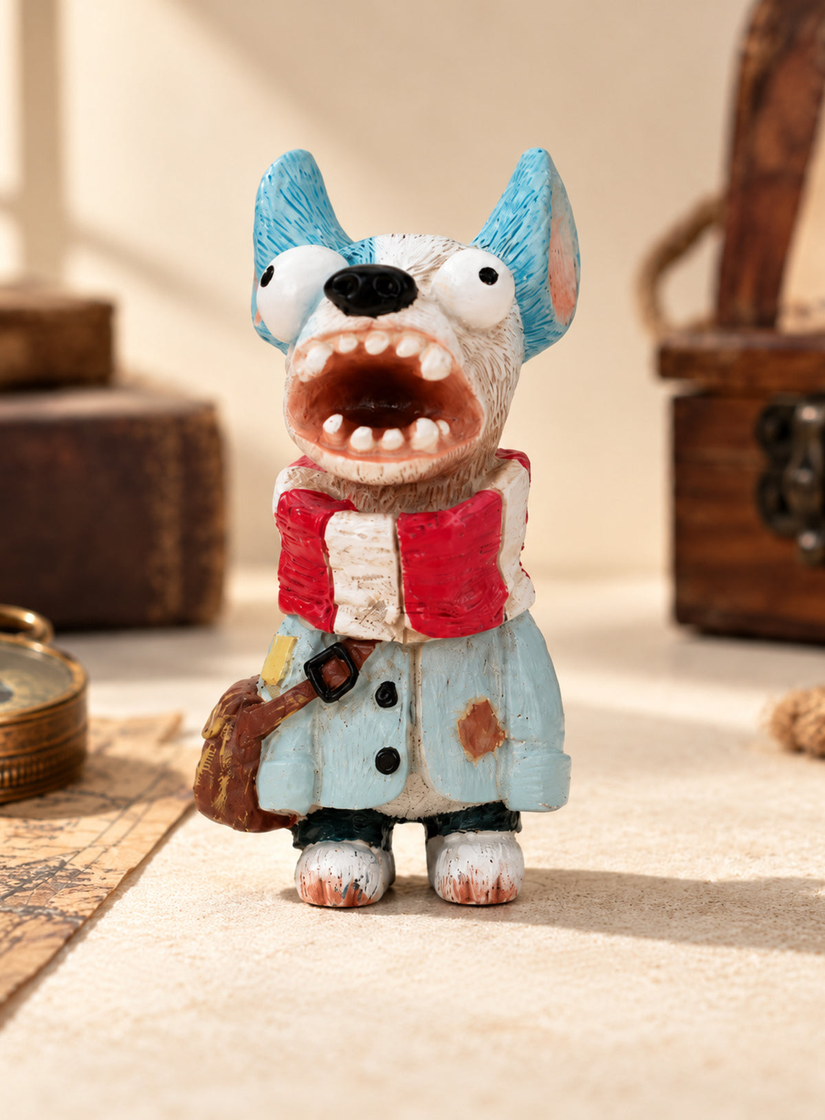 Hand-painted resin dog figurines with colorful outfits and distinctive details. (Fang)