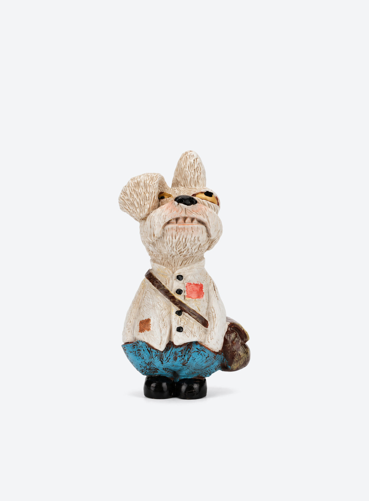 Hand-painted resin dog figurines with colorful outfits and distinctive details. (Pip)