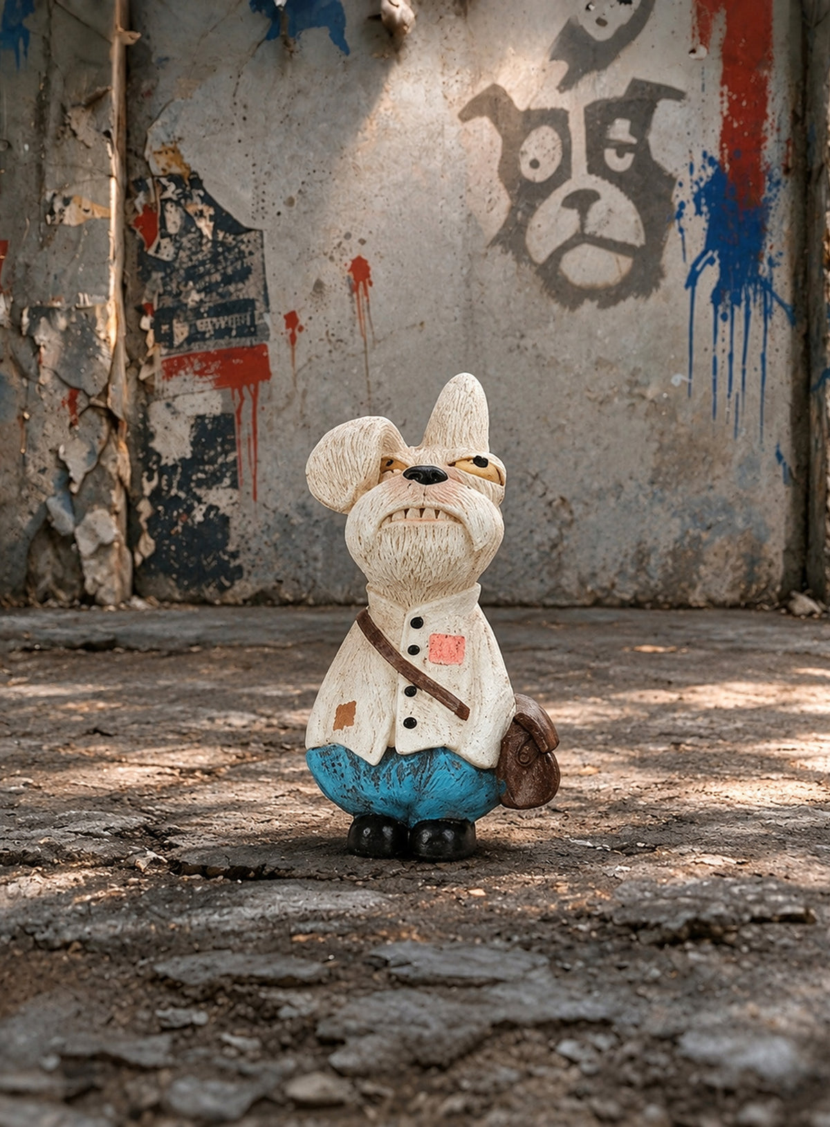 Hand-painted resin dog figurines with colorful outfits and distinctive details. (Pip)