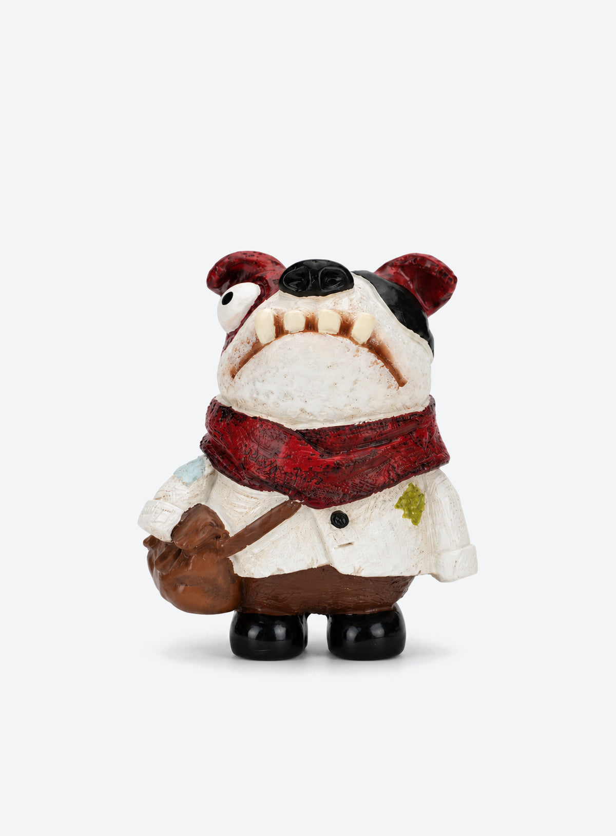 Hand-painted resin dog figurines with colorful outfits and distinctive details. (Captain)