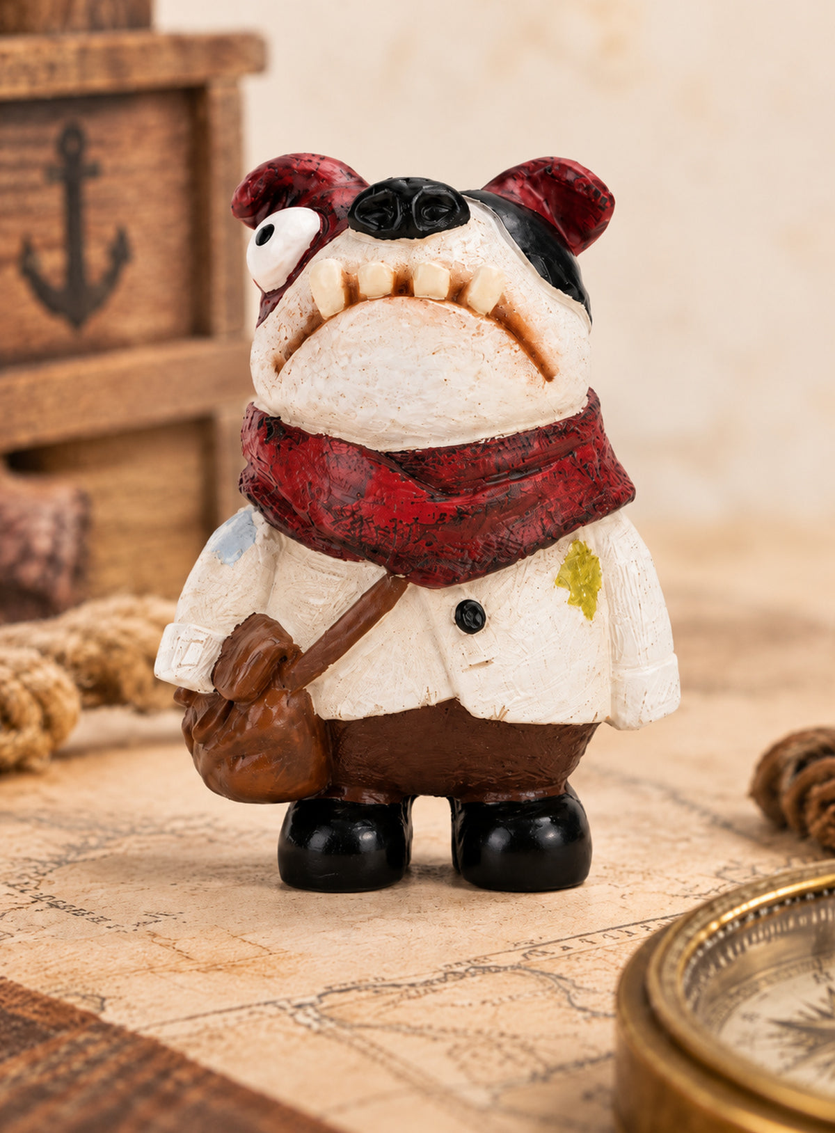 Hand-painted resin dog figurines with colorful outfits and distinctive details. (Captain)