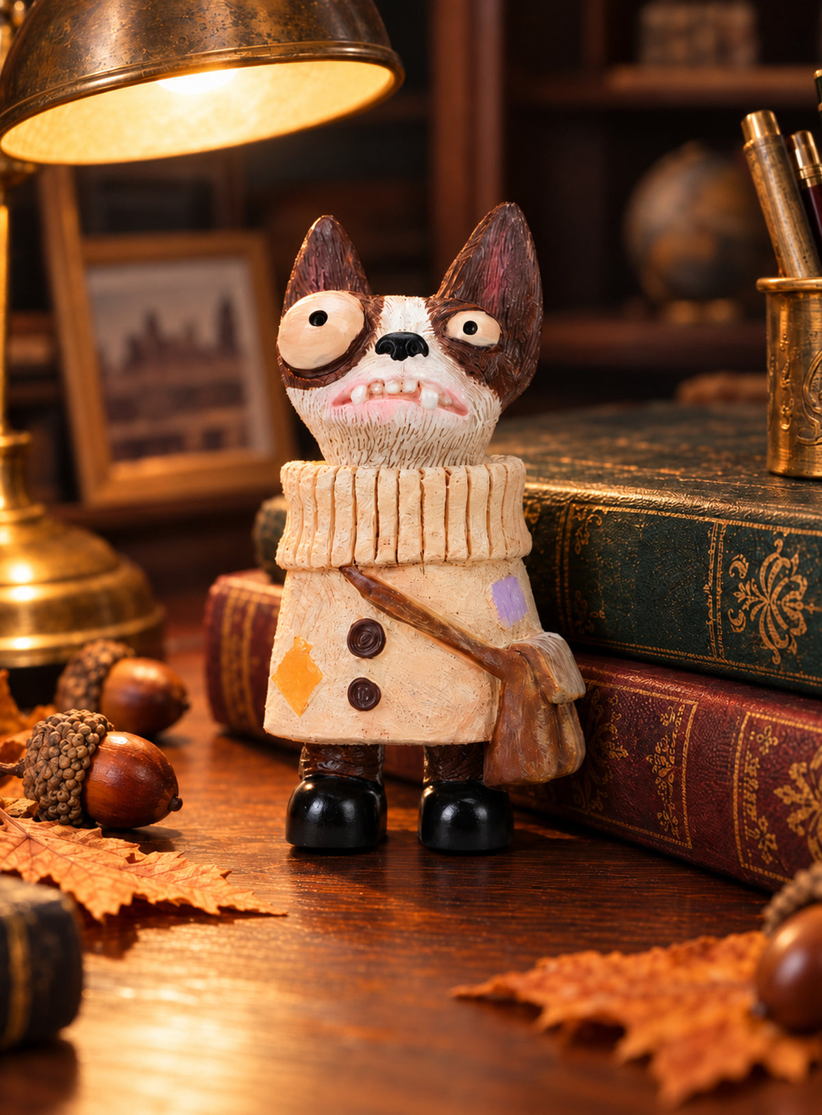 Hand-painted resin dog figurines with colorful outfits and distinctive details. (Scout)