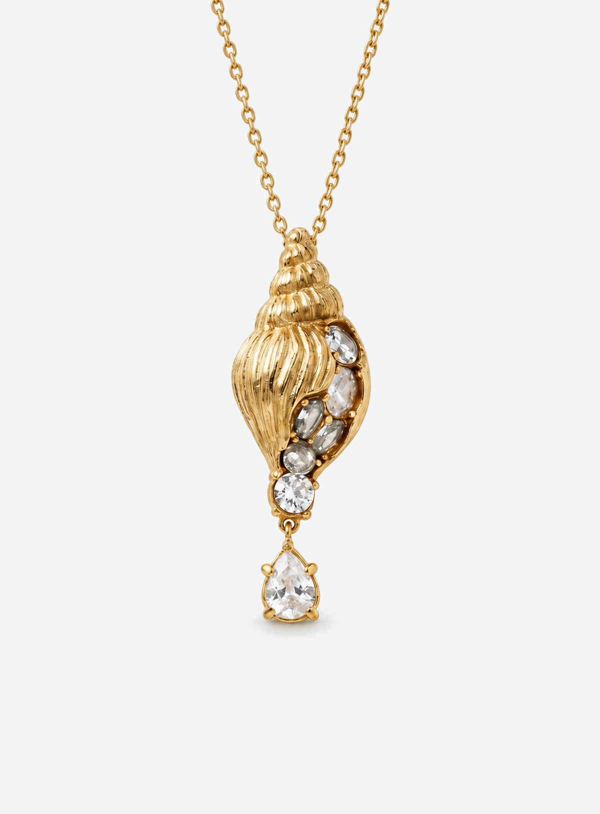 Ocean pendant necklace with a textured gold-tone surface, clear crystal accents and a hanging teardrop crystal (Conch Shell)