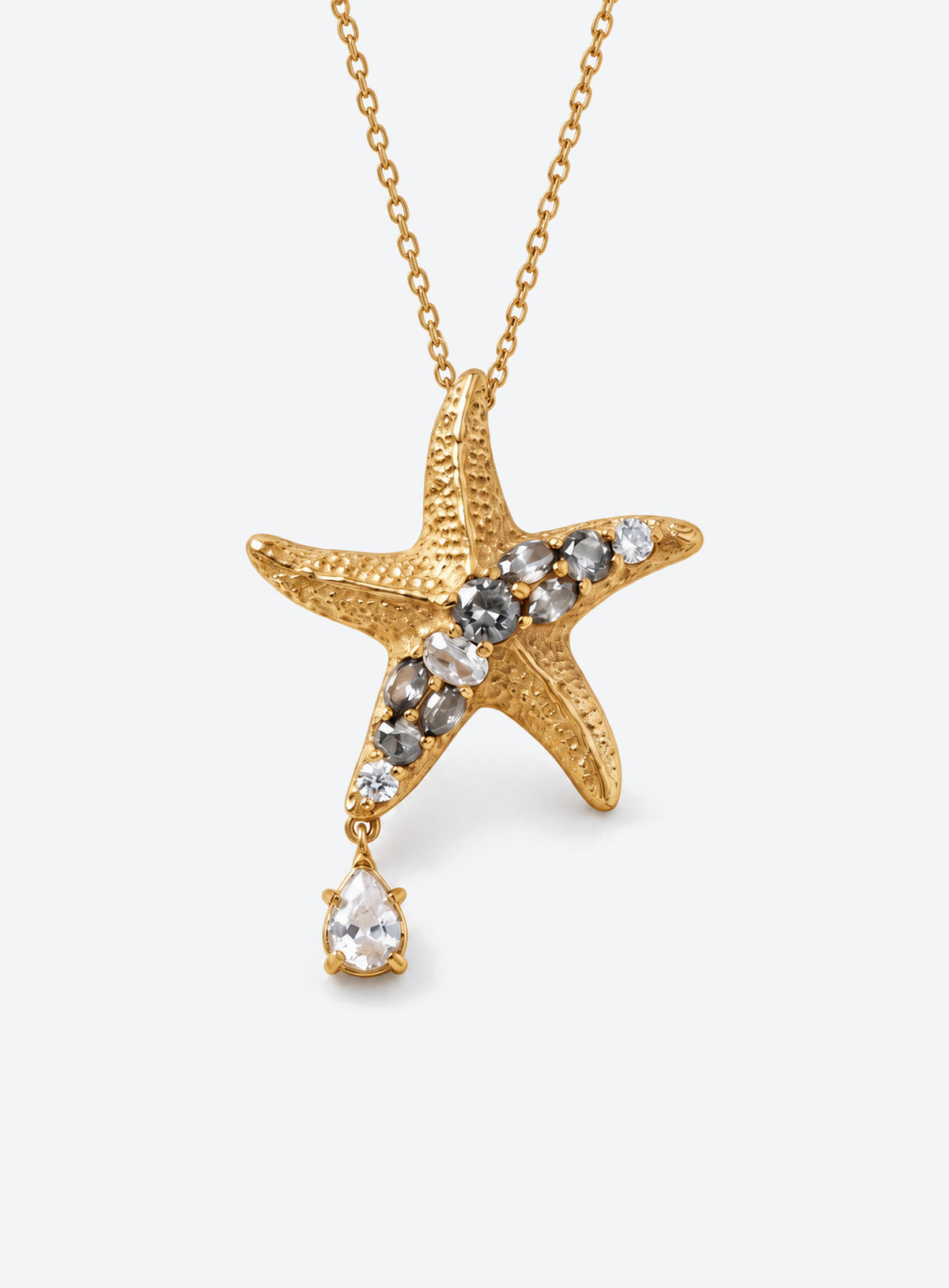 Ocean pendant necklace with a textured gold-tone surface, clear crystal accents and a hanging teardrop crystal (Starfish)