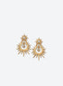 Gold-tone sunburst drop earrings with crystal-centered tops, open radiating circles, and suspended clear crystals