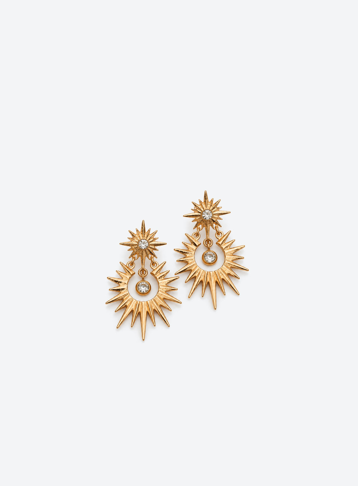 Gold-tone sunburst drop earrings with crystal-centered tops, open radiating circles, and suspended clear crystals
