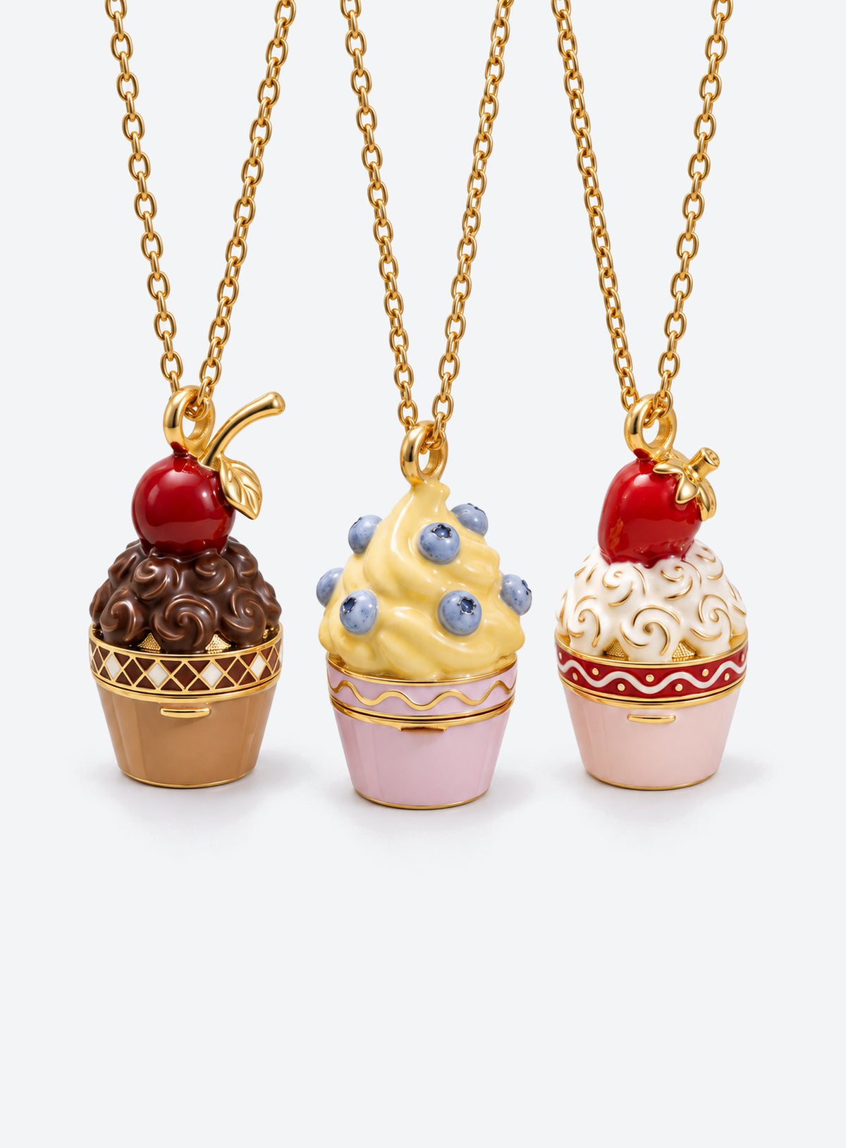 Cupcake-shaped locket necklace with colorful enamel and gold-tone trim