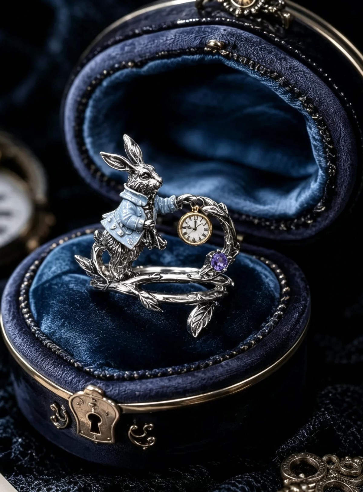 White gold plated copper Alice in Wonderland rabbit adjustable open ring