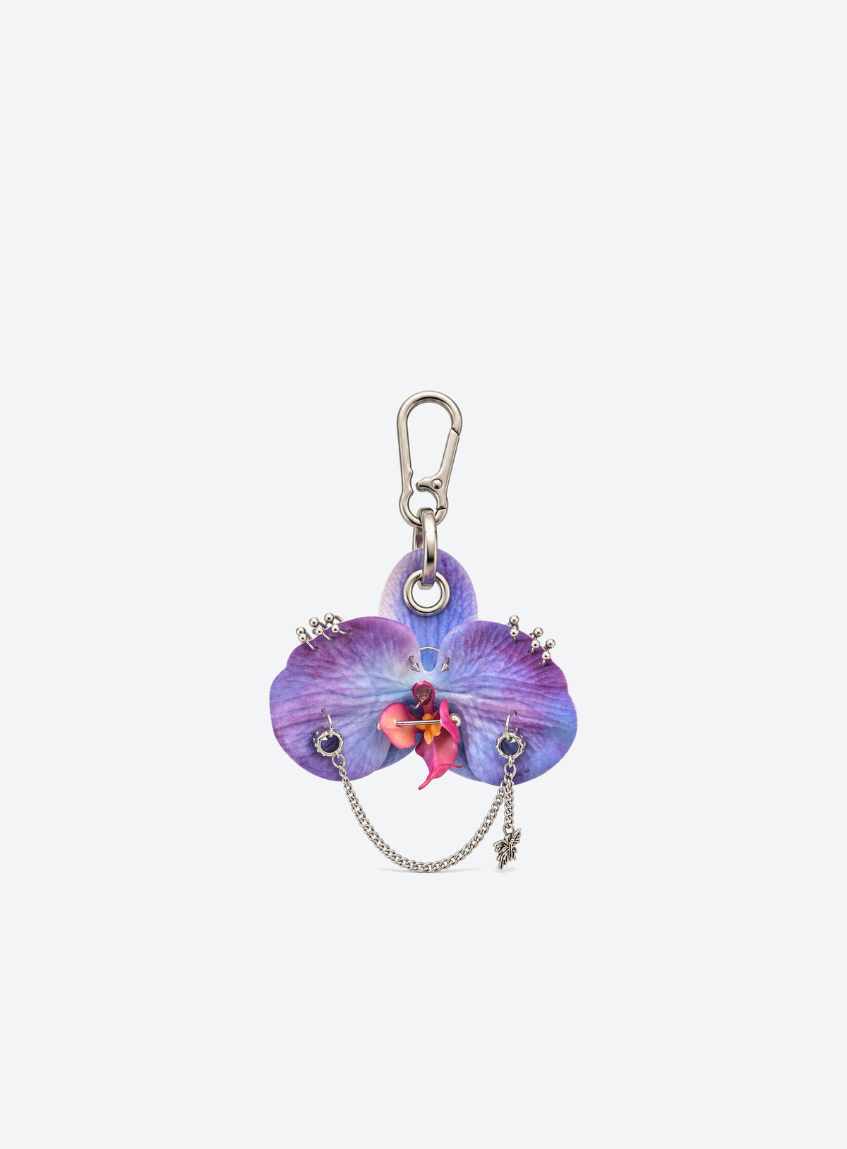 Orchid shaped bag charm with silver tone rings and hanging chains