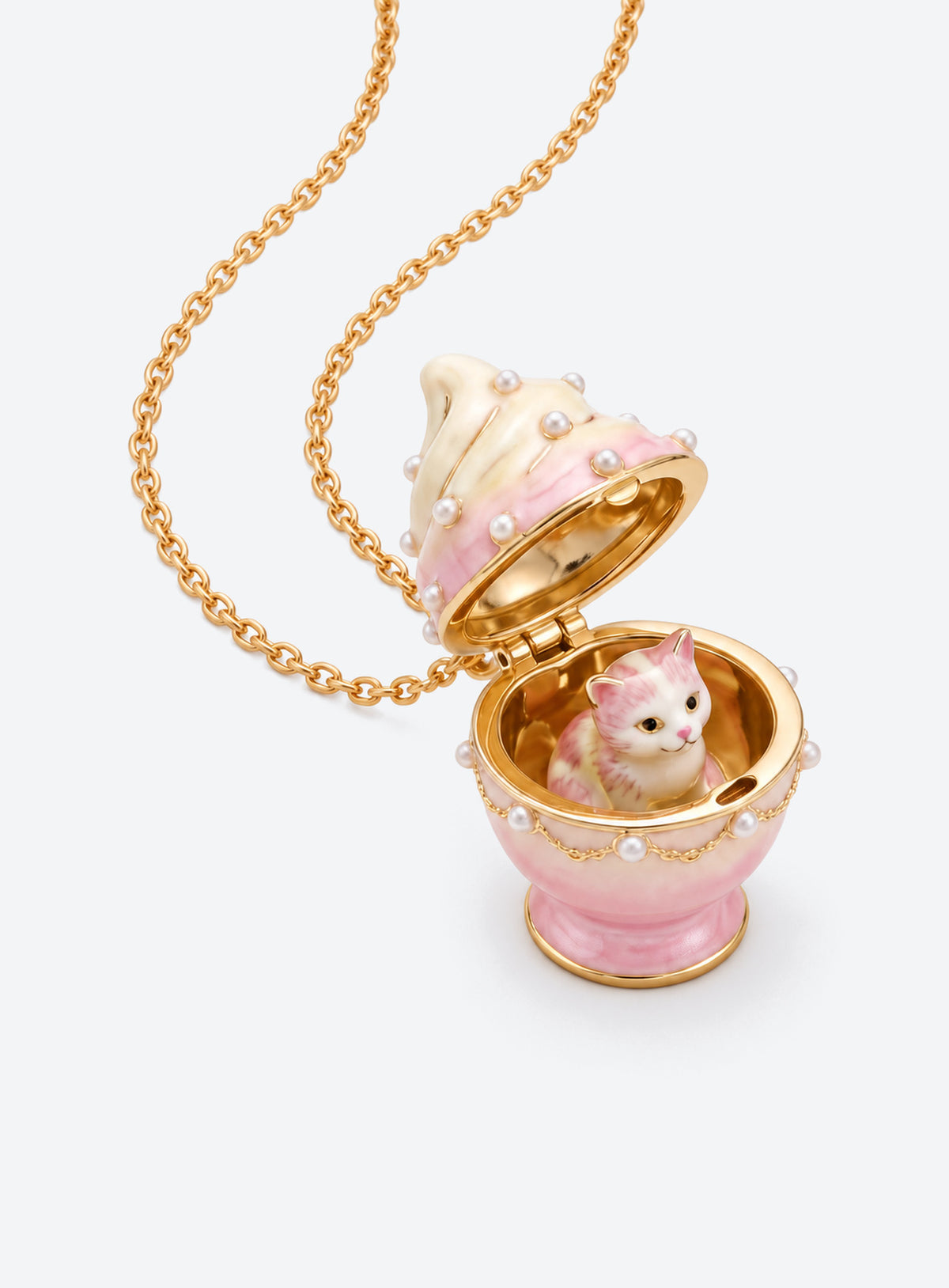 Pastel dessert-shaped locket necklace with simulated pearl accents (Cat)
