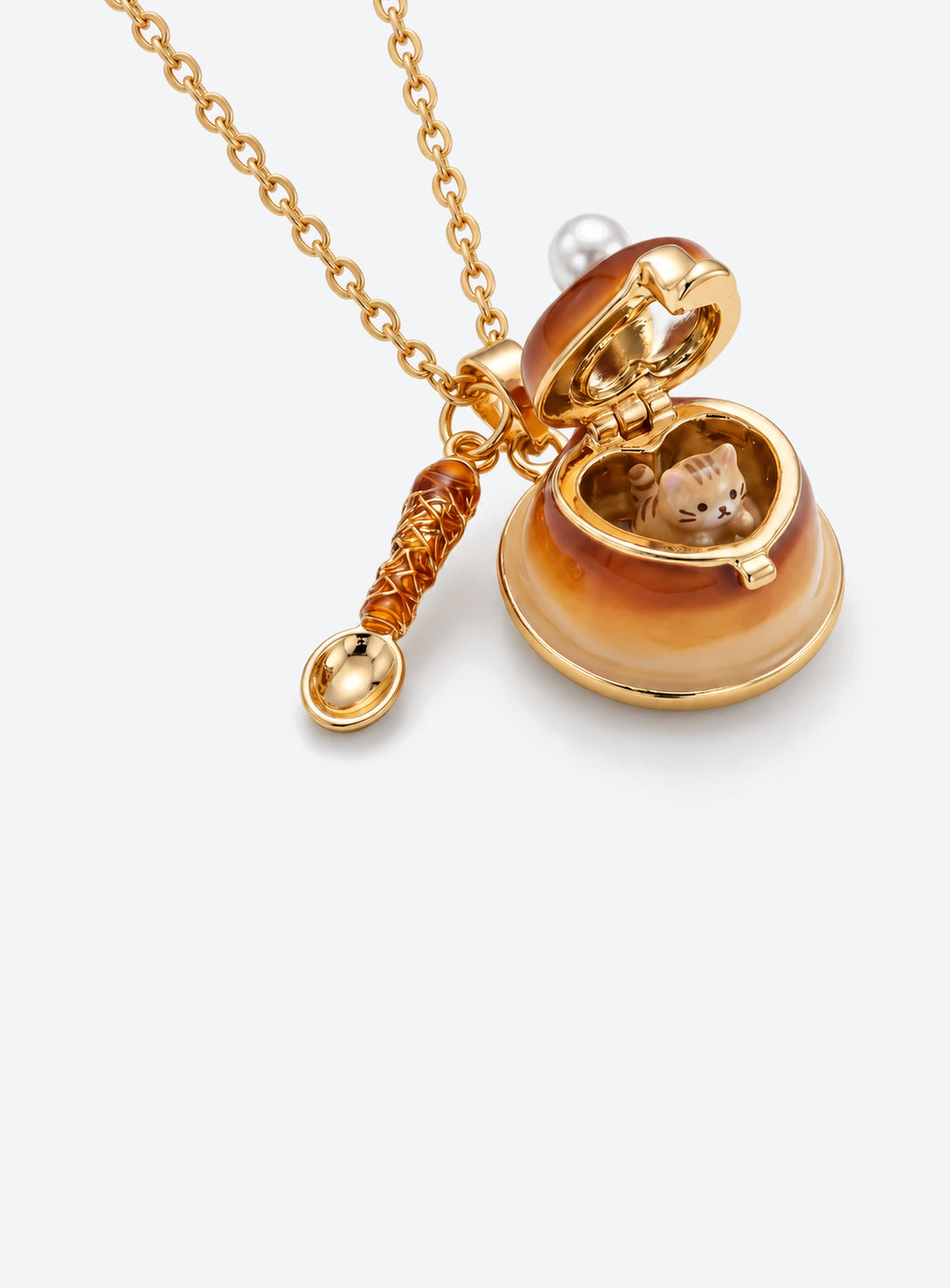 Dessert-shaped locket necklace with a miniature cutlery charm (Cat)