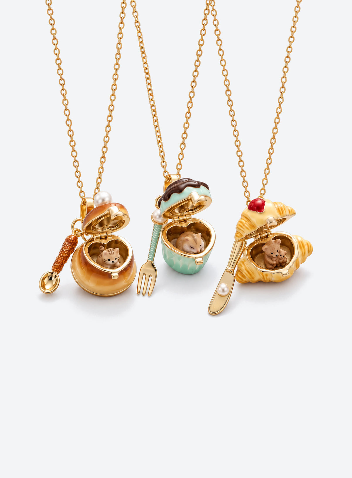 Dessert-shaped locket necklace with a miniature cutlery charm