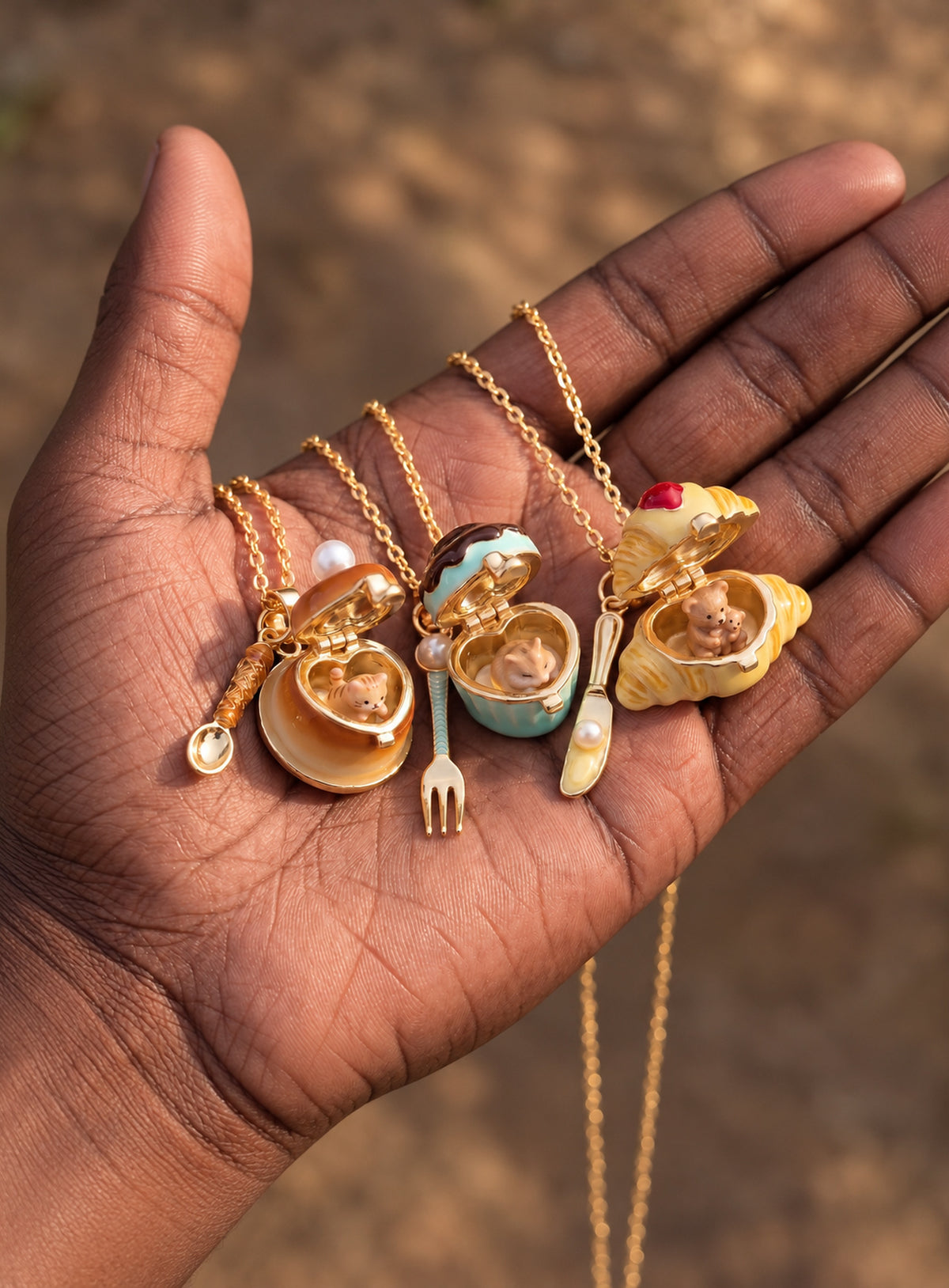 Dessert-shaped locket necklace with a miniature cutlery charm