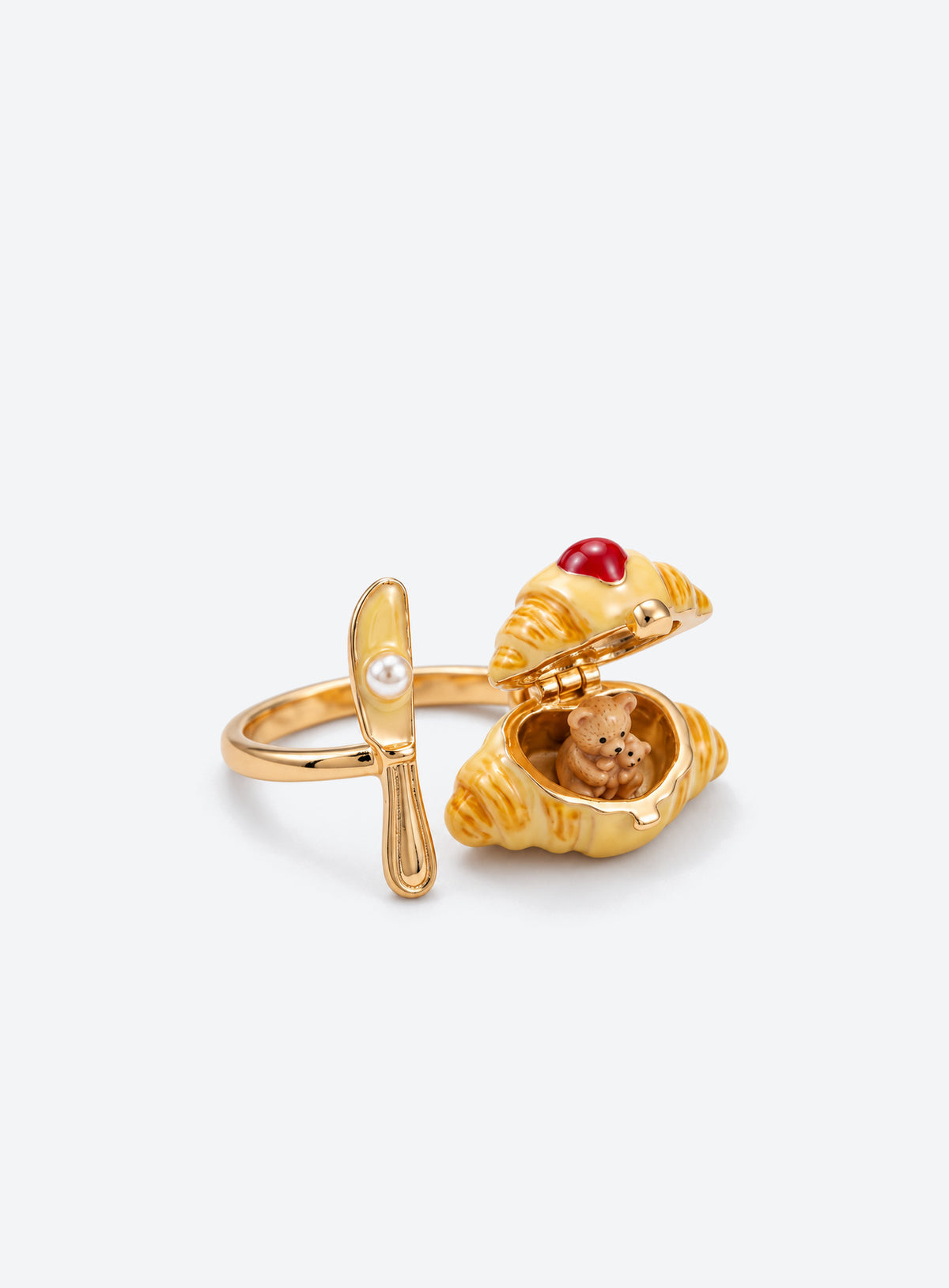 Dessert-shaped locket ring with a cutlery detail and an open band (Bear)