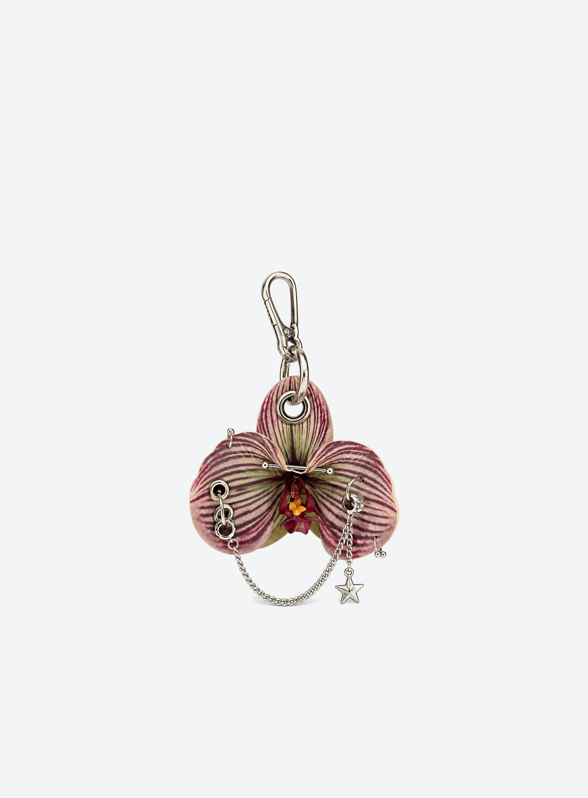 Orchid shaped bag charm with silver tone rings and hanging chains
