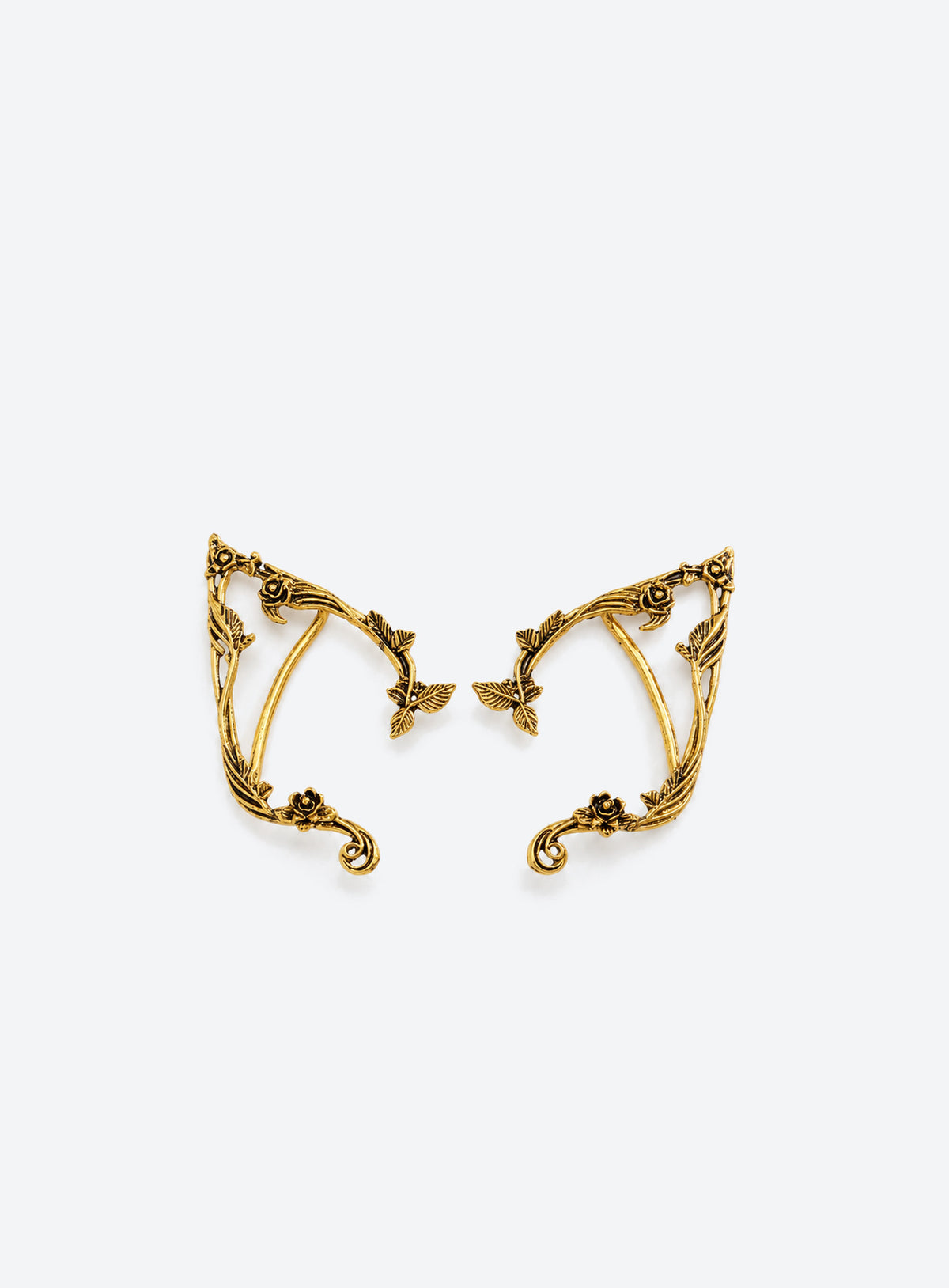 Gold-color mirrored pair of elf-inspired ear cuffs with flower, leaf, and vine details.