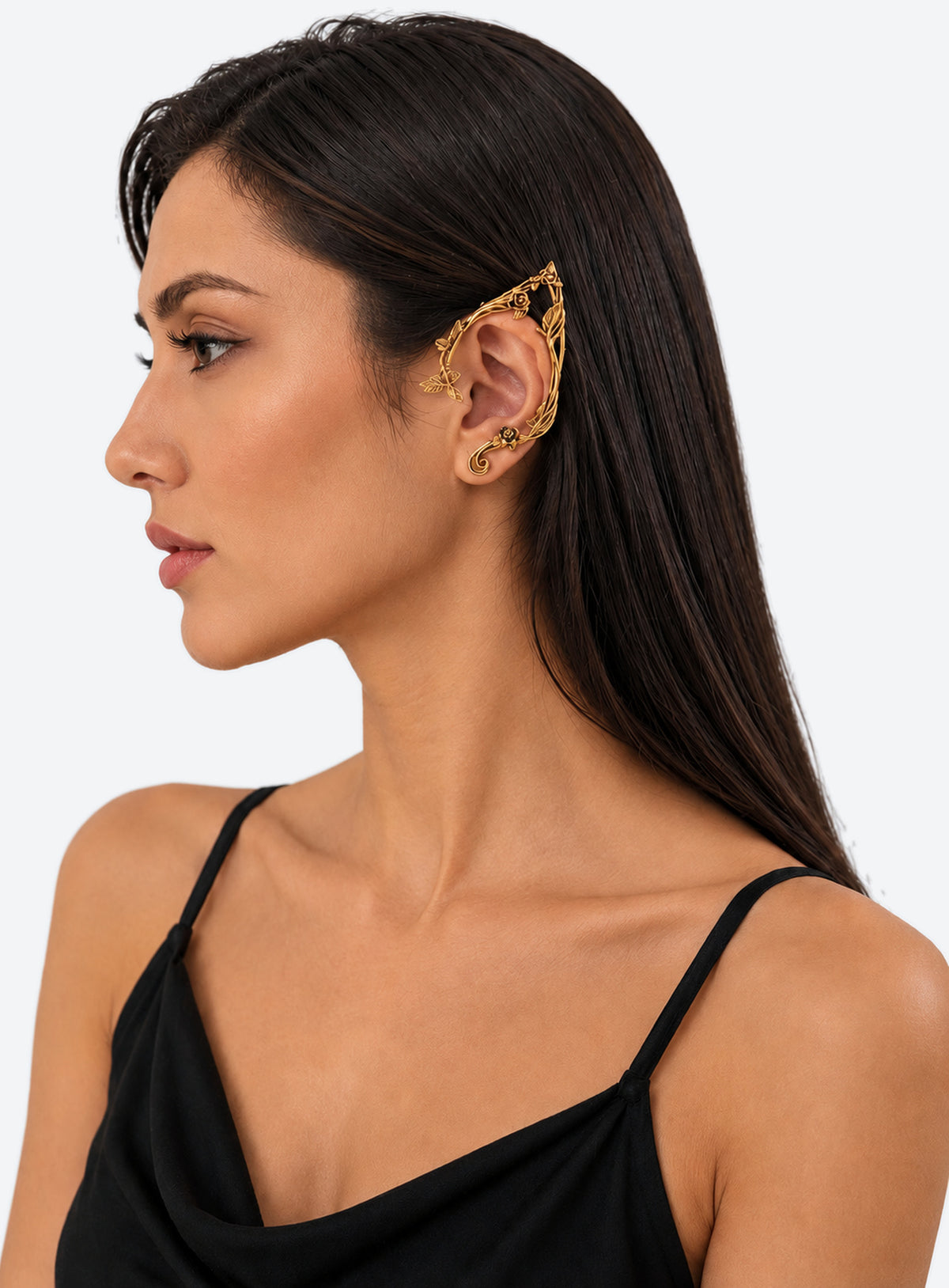 Gold-color mirrored pair of elf-inspired ear cuffs with flower, leaf, and vine details.