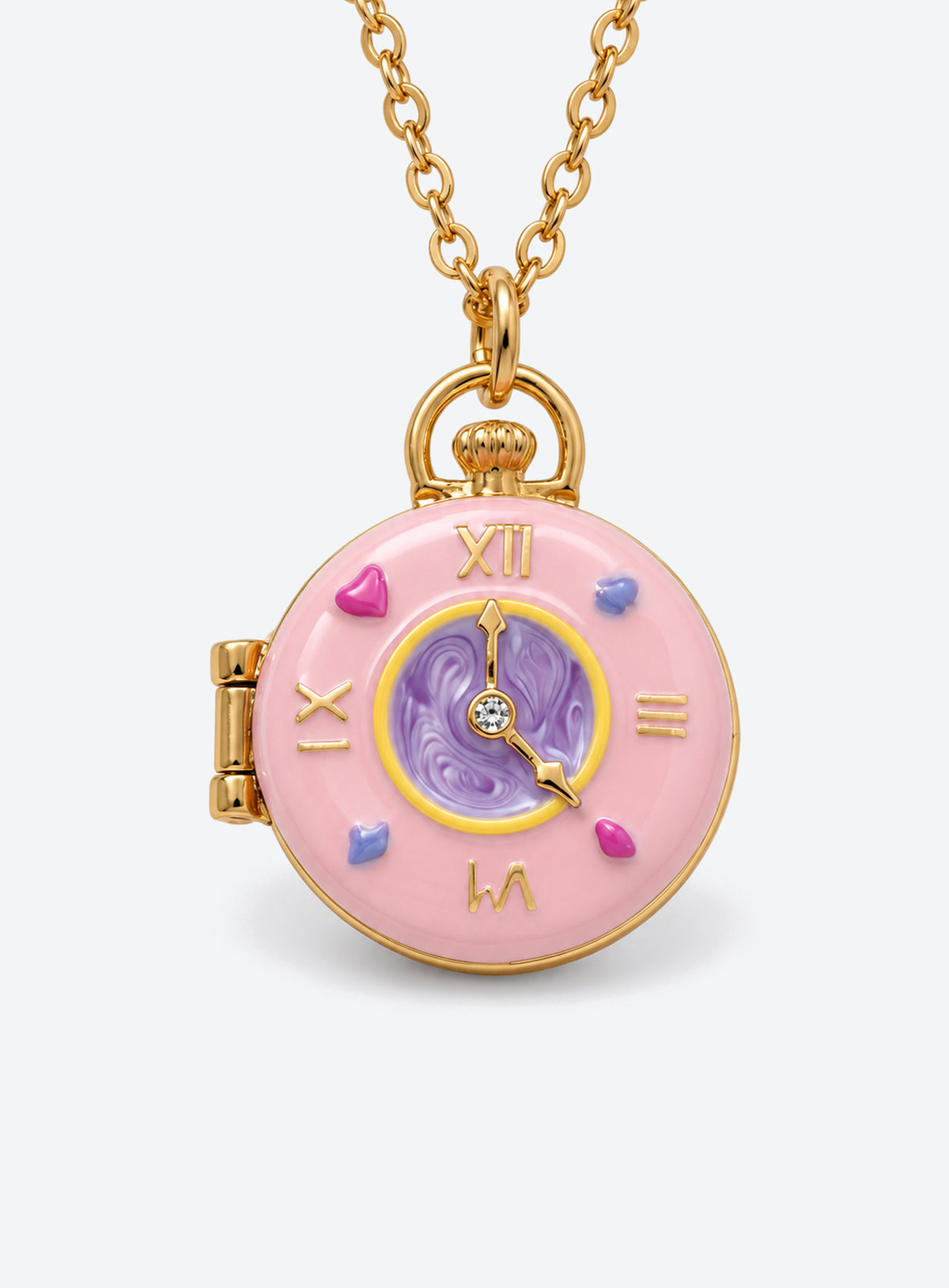 Round locket necklace with a pink enamel cover, purple clock motifs and small colored accents (Gold)