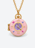 Round locket necklace with a pink enamel cover, purple clock motifs and small colored accents (Gold)