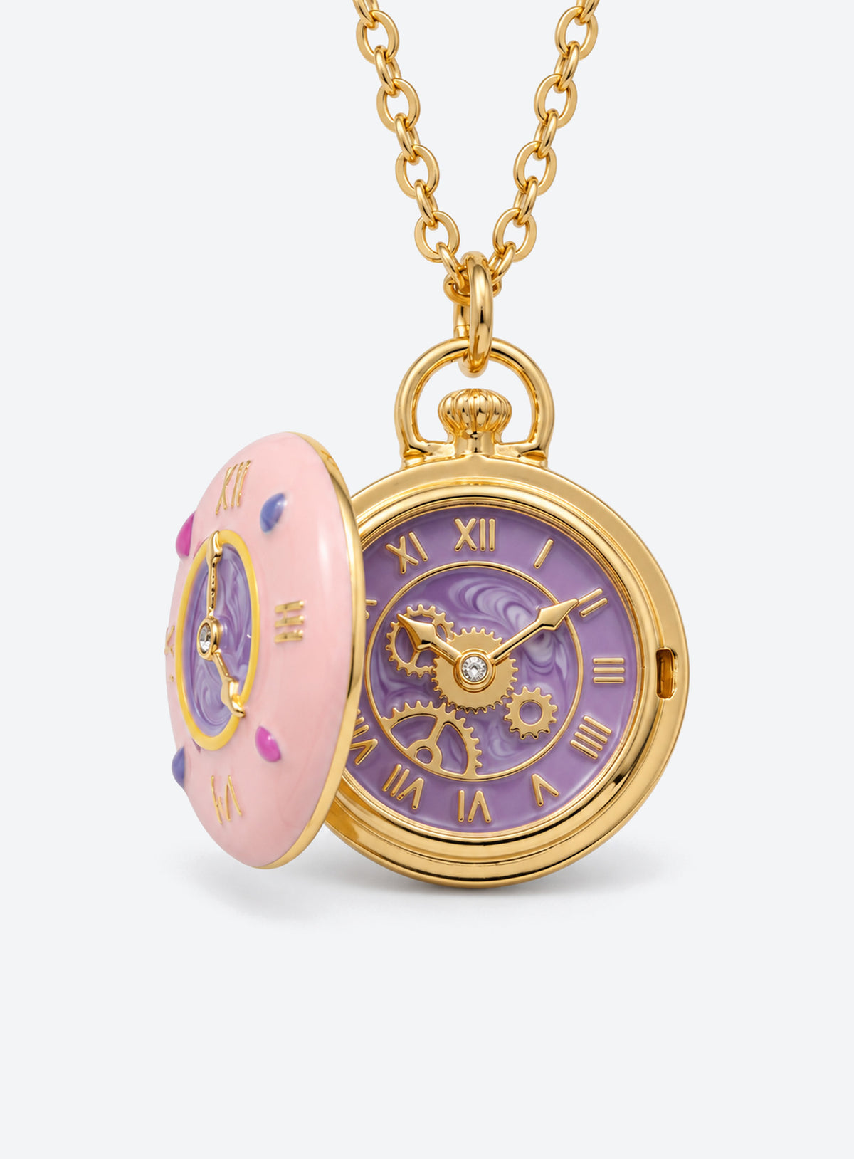 Round locket necklace with a pink enamel cover, purple clock motifs and small colored accents (Gold)