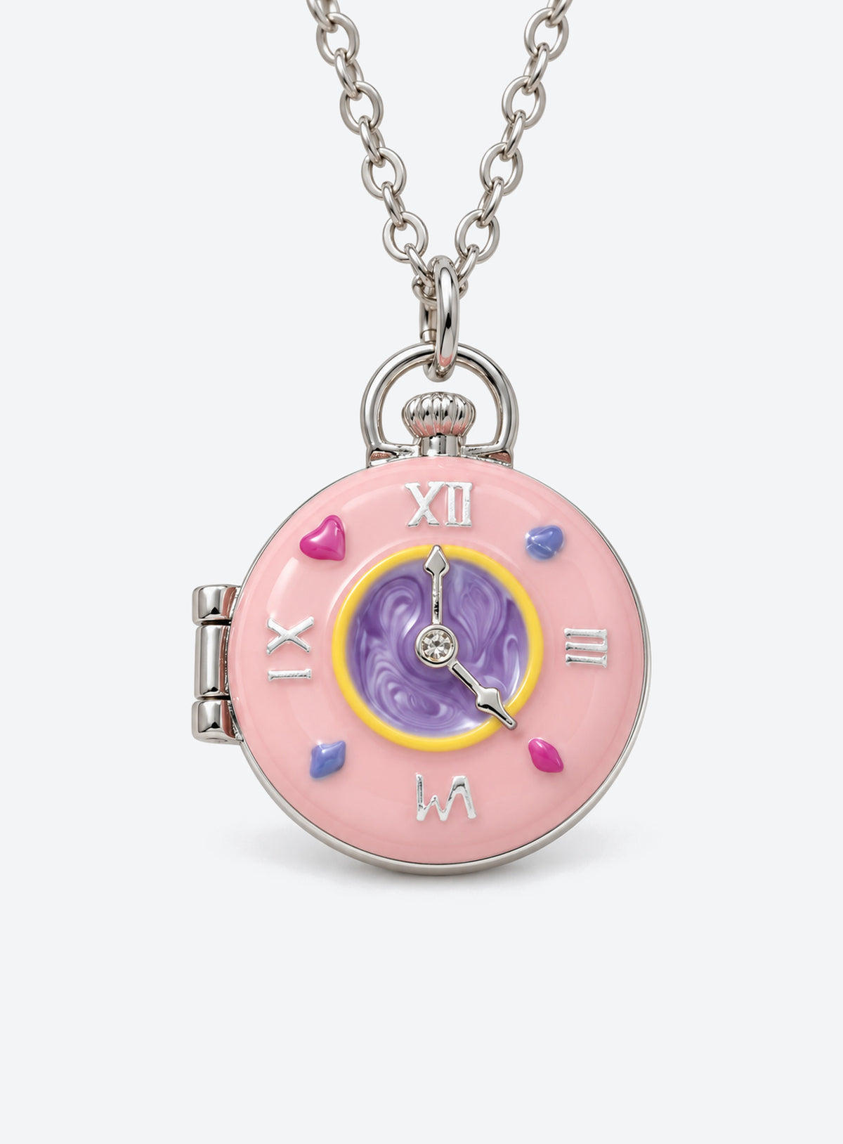 Round locket necklace with a pink enamel cover, purple clock motifs and small colored accents (Silver)