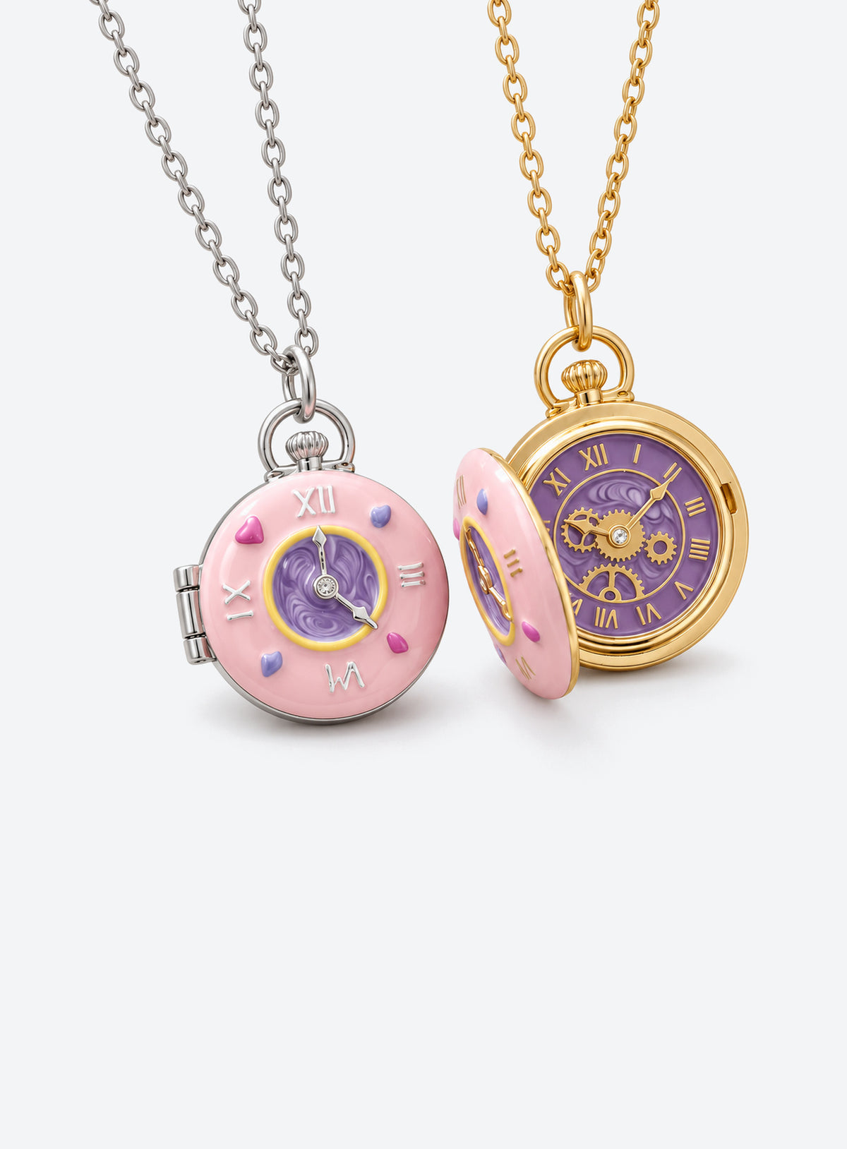 Round locket necklace with a pink enamel cover, purple clock motifs and small colored accents