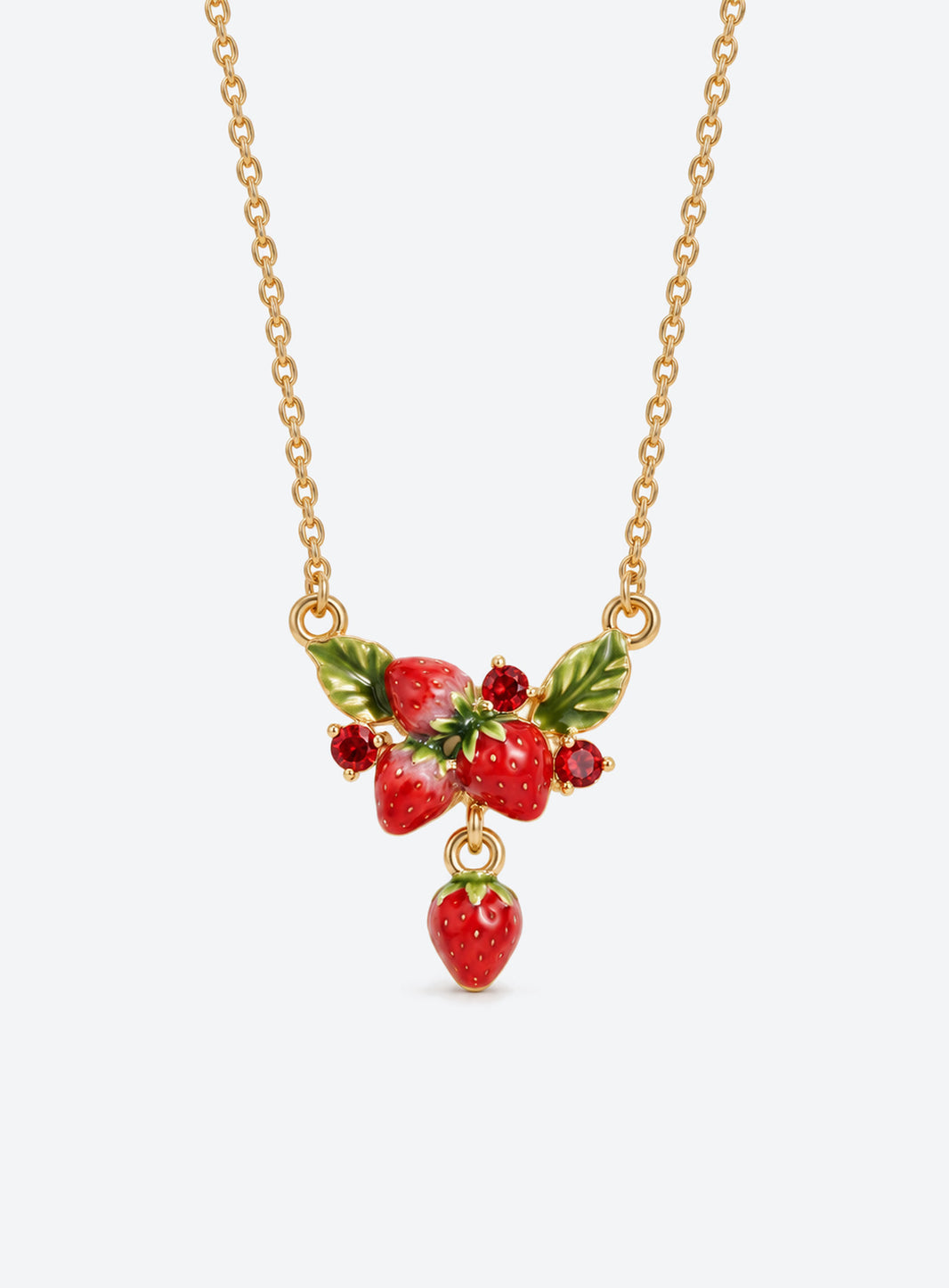Colorful enamel fruit pendant necklace with crystal accents and leaf details (Strawberry)