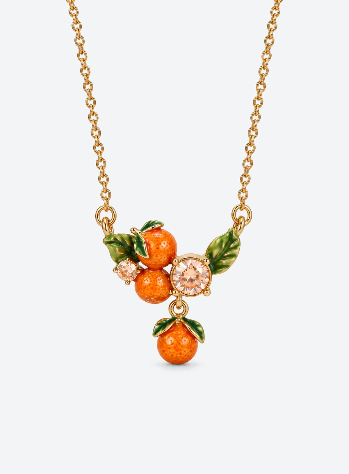 Colorful enamel fruit pendant necklace with crystal accents and leaf details (Orange)