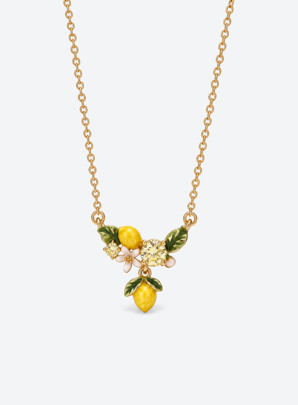 Colorful enamel fruit pendant necklace with crystal accents and leaf details (Lemon)