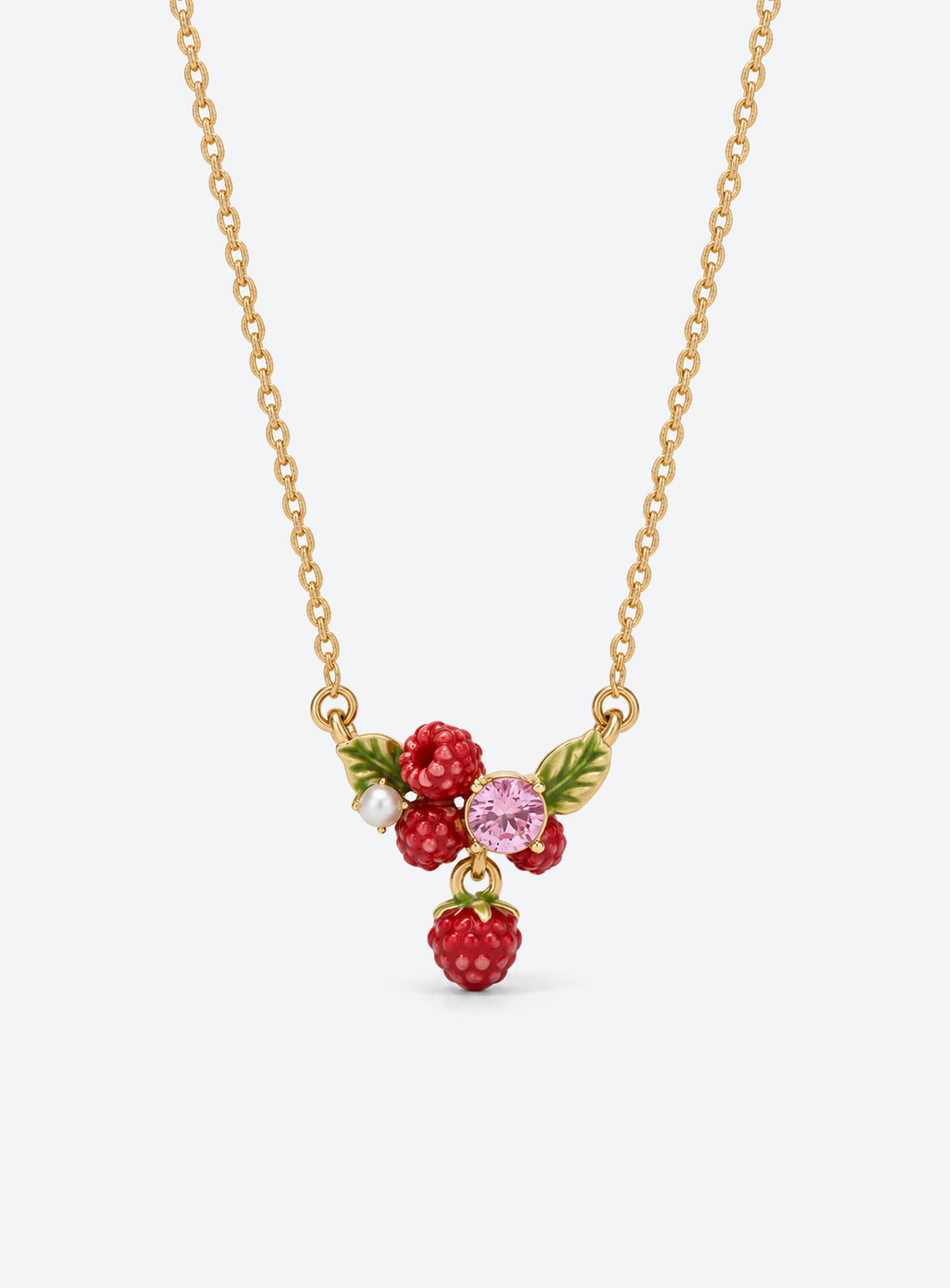 Colorful enamel fruit pendant necklace with crystal accents and leaf details (Raspberry)