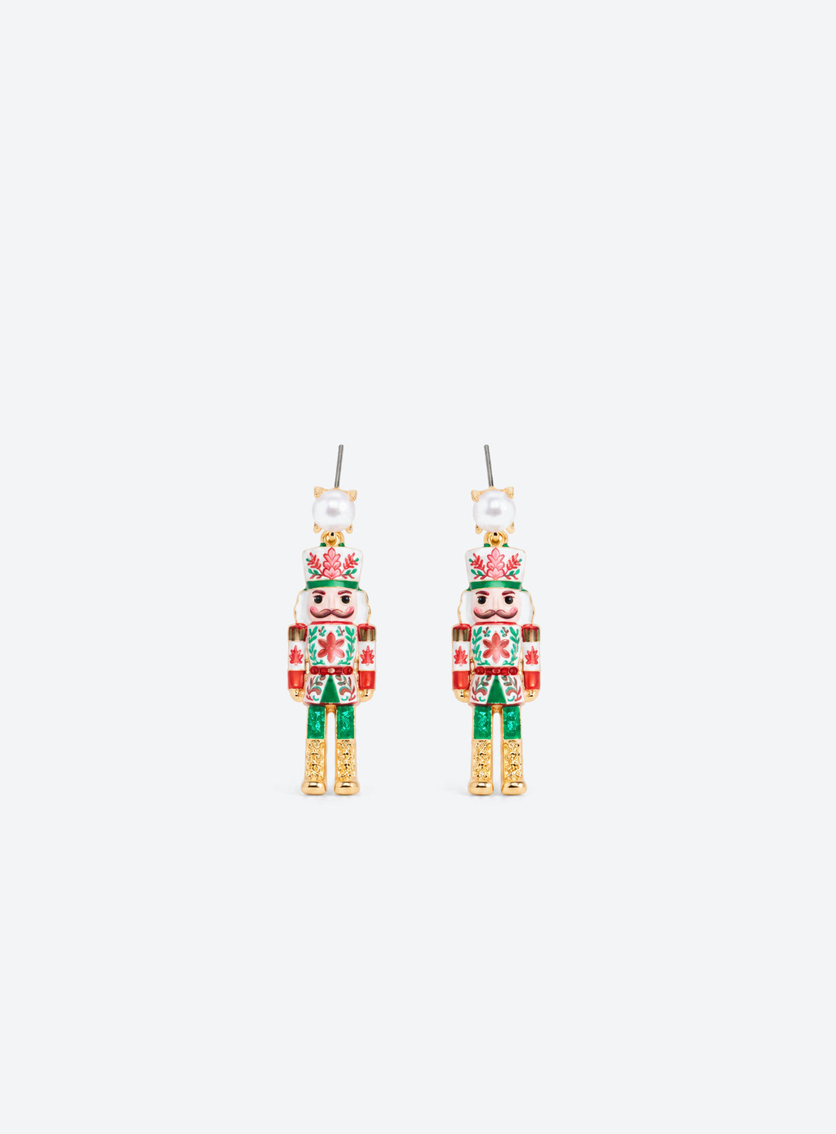 Nutcracker drop earrings with red and green enamel, rhinestone details and pearl-like studs
