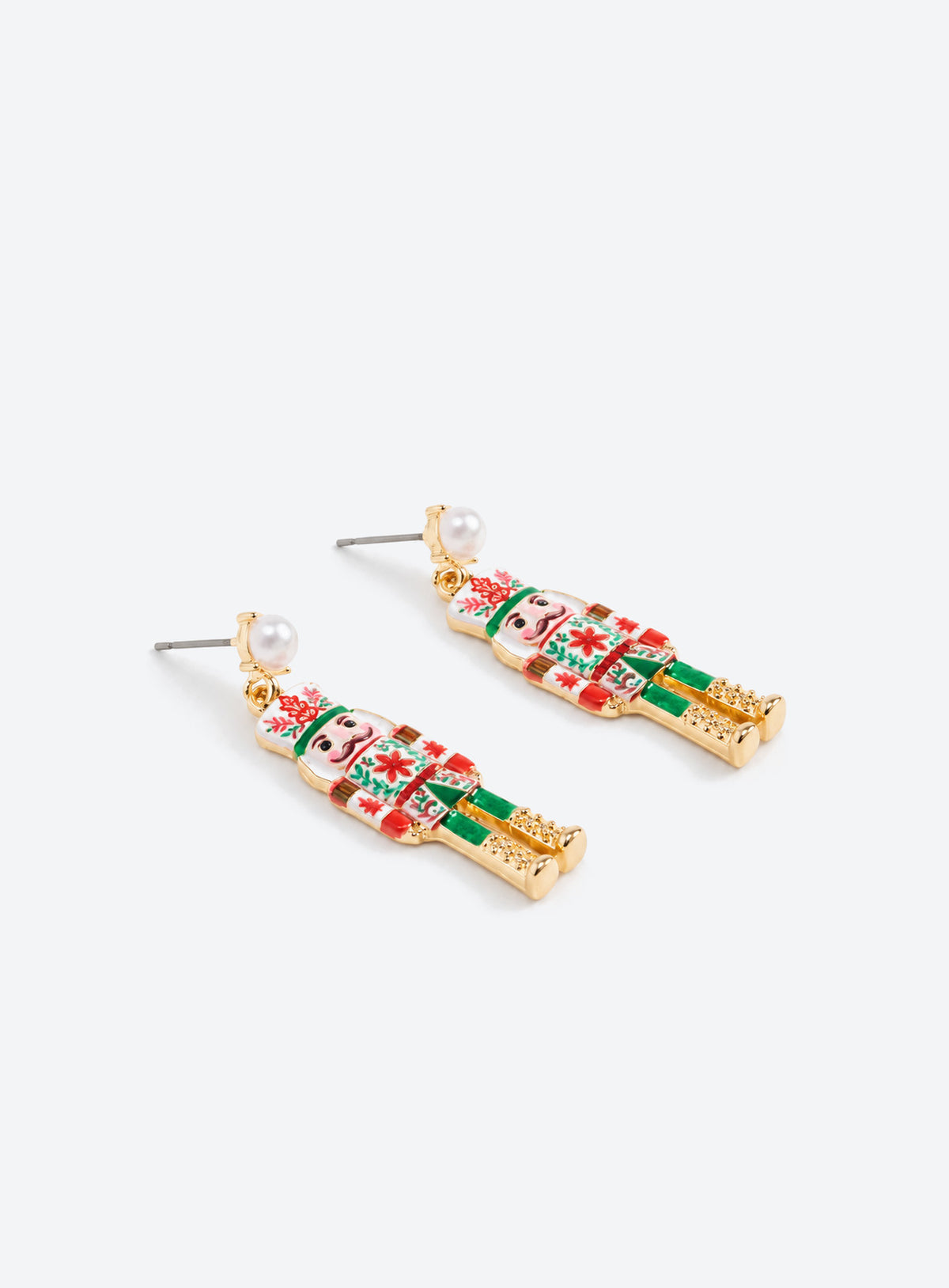 Nutcracker drop earrings with red and green enamel, rhinestone details and pearl-like studs