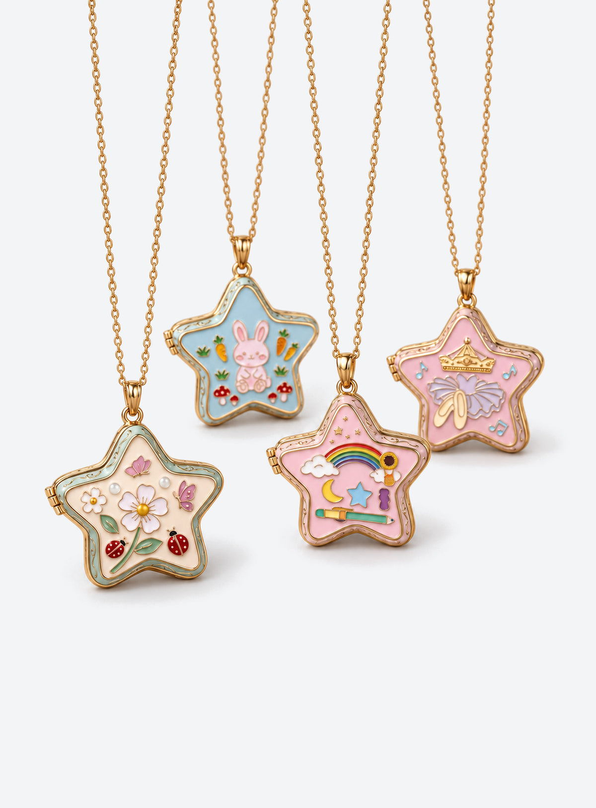 Star-shaped enamel locket necklace with colorful decorative details on a gold-tone chain
