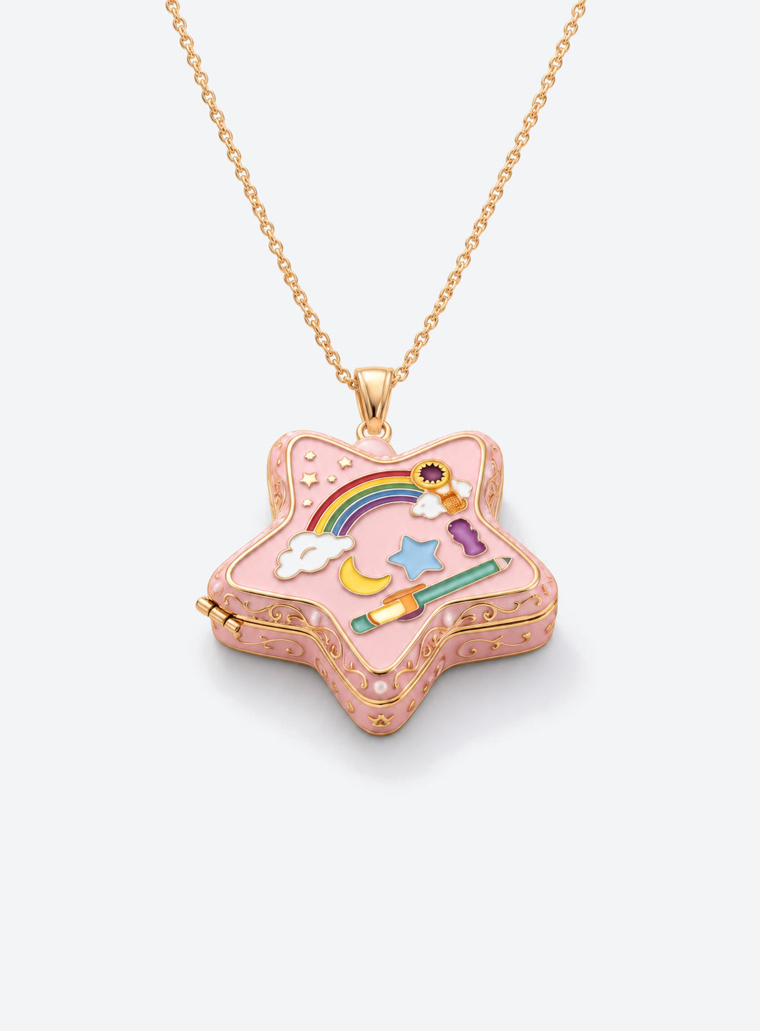 Star-shaped enamel locket necklace with colorful decorative details on a gold-tone chain (Rainbow Paintbrush)