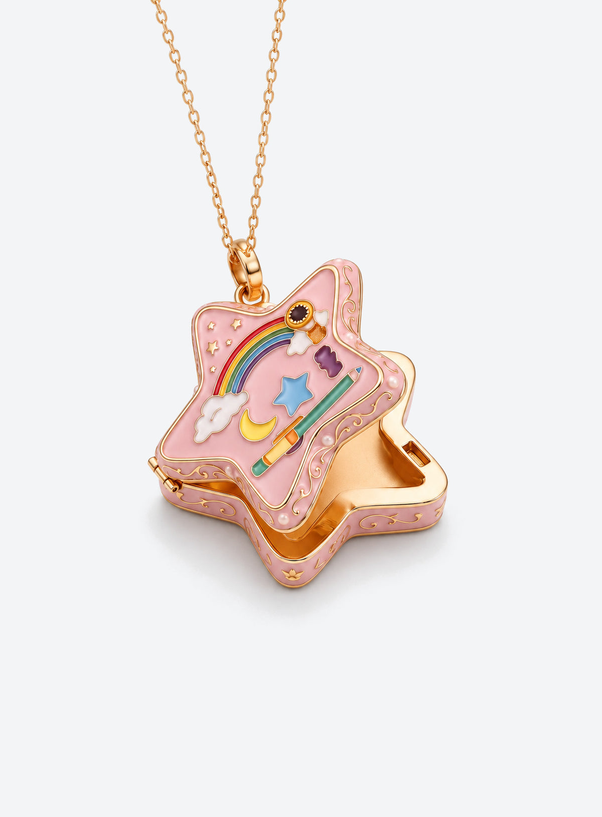Star-shaped enamel locket necklace with colorful decorative details on a gold-tone chain (Rainbow Paintbrush)